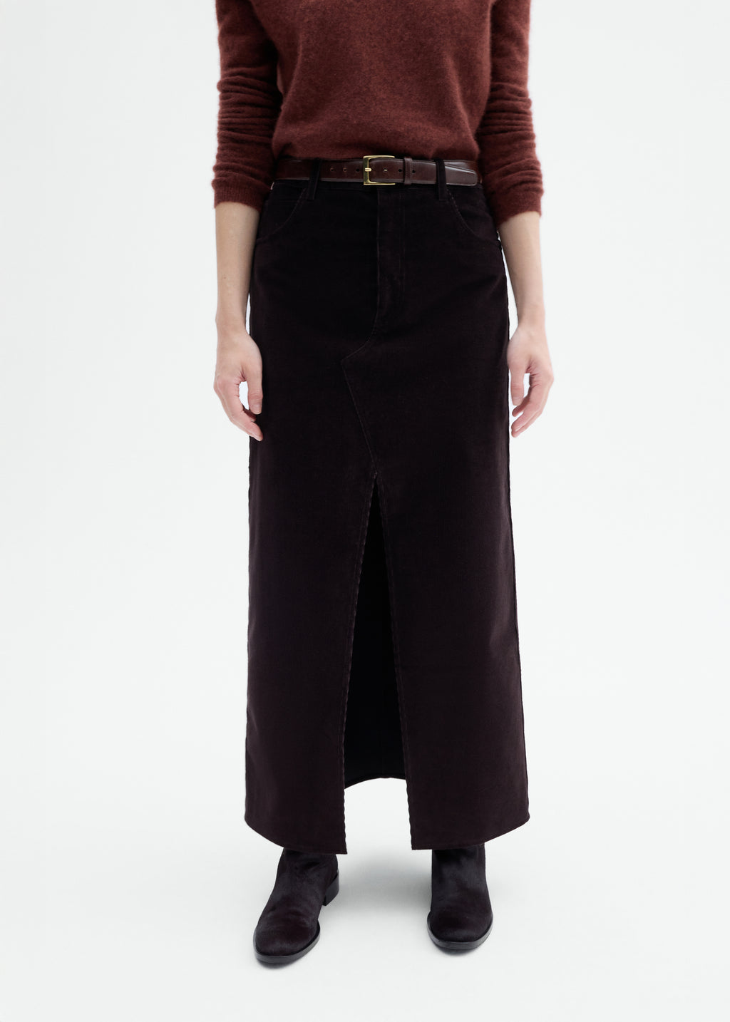 Corduroy Long Pencil Skirt - Chocolate - CO