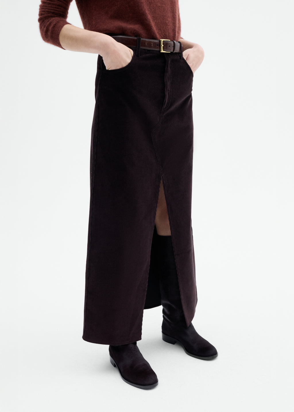 Corduroy Long Pencil Skirt - Chocolate - CO
