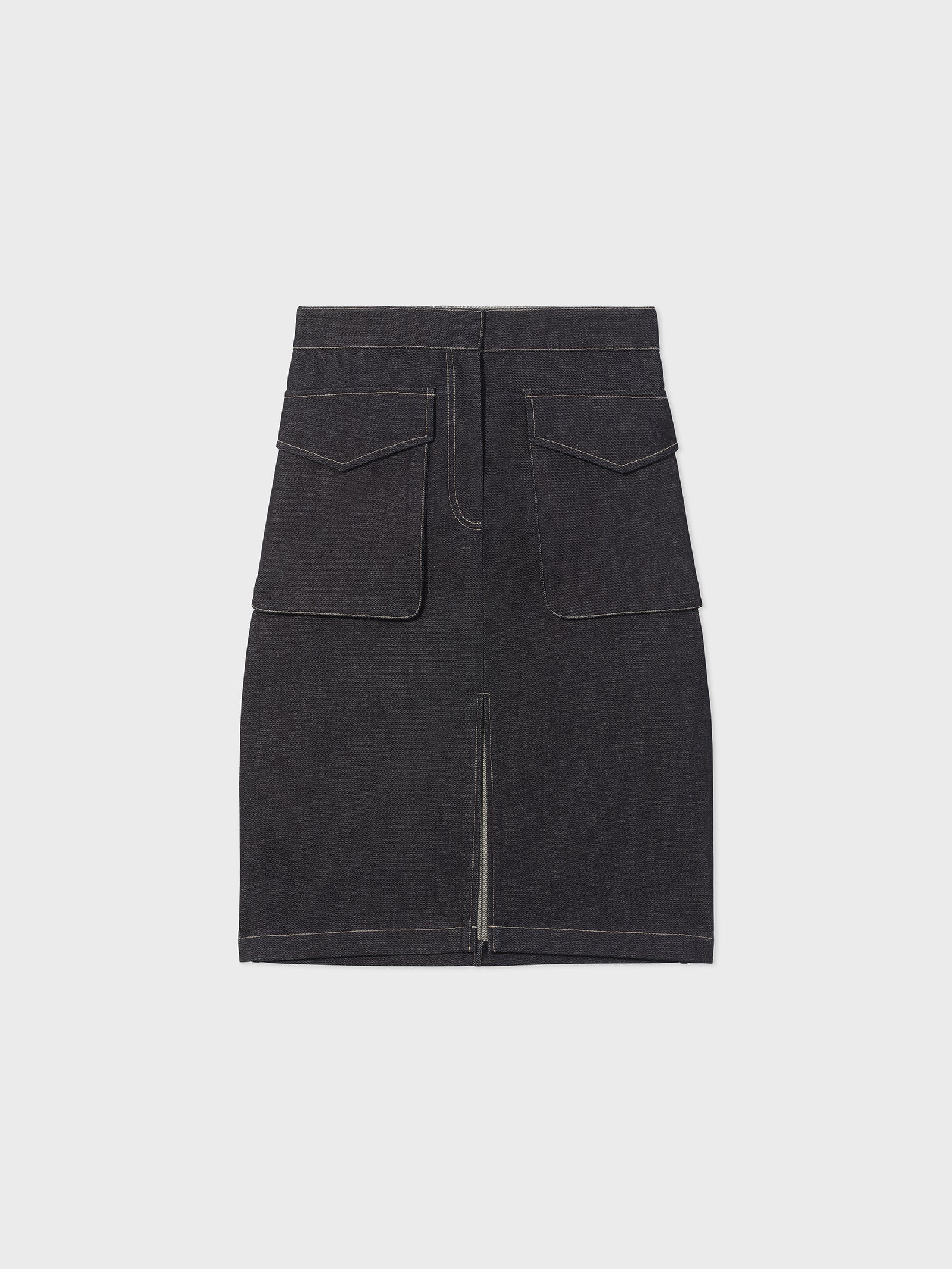 Knee Length Pencil Skirt in Raw Denim - Indigo