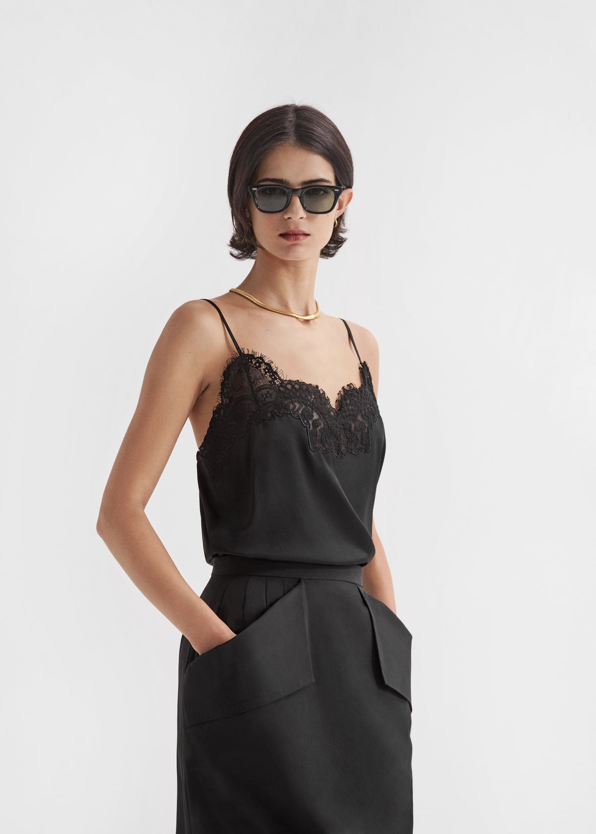 Lace Camisole in Silk - Black, image 1 of 5