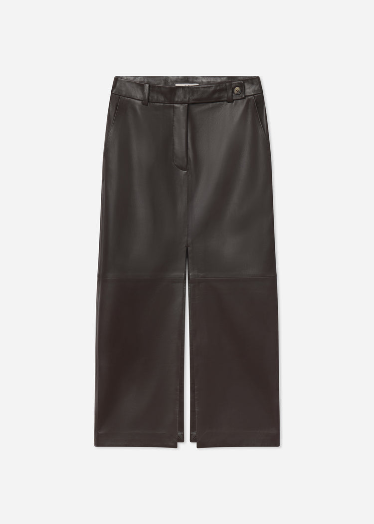 Tailored Front-Slit Midi Skirt in Leather - Chocolate, image 4 of 4