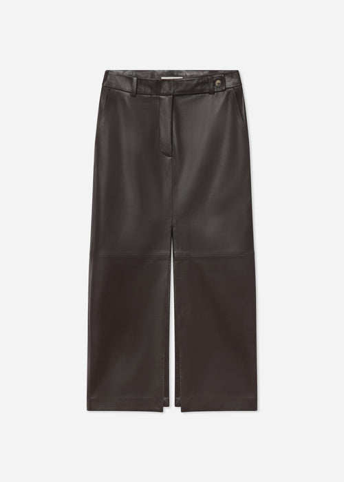 Tailored Front-Slit Midi Skirt in Leather - Chocolate, image 4 of 4