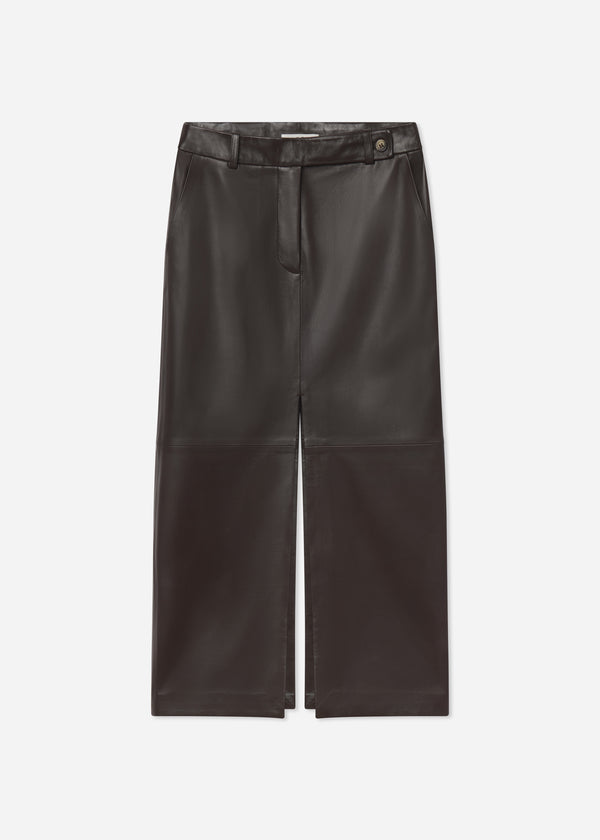 Tailored Front-Slit Midi Skirt in Leather - Chocolate - CO