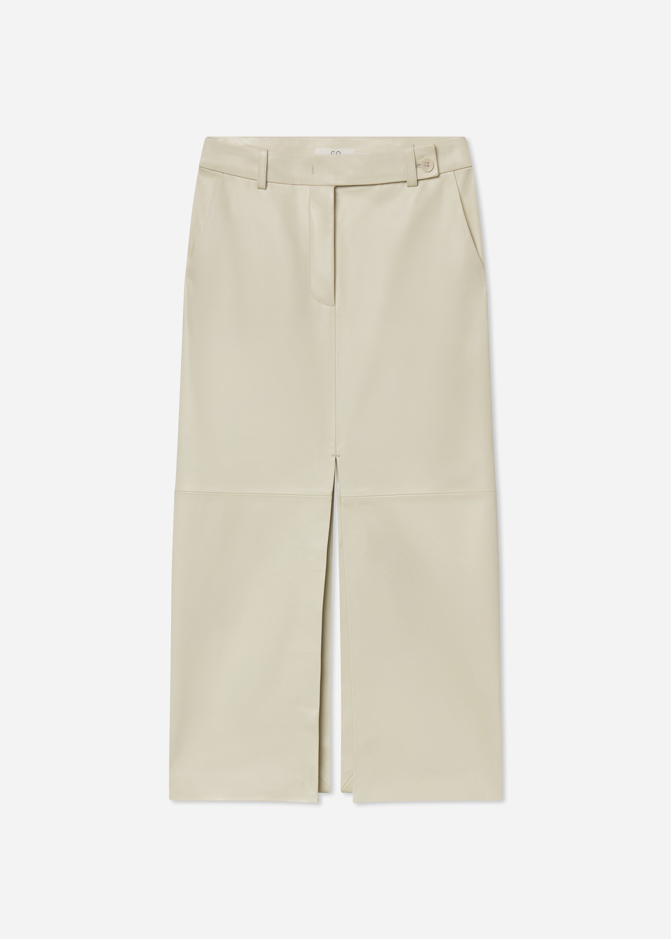 Tailored Front-Slit Midi Skirt in Leather - Pearl