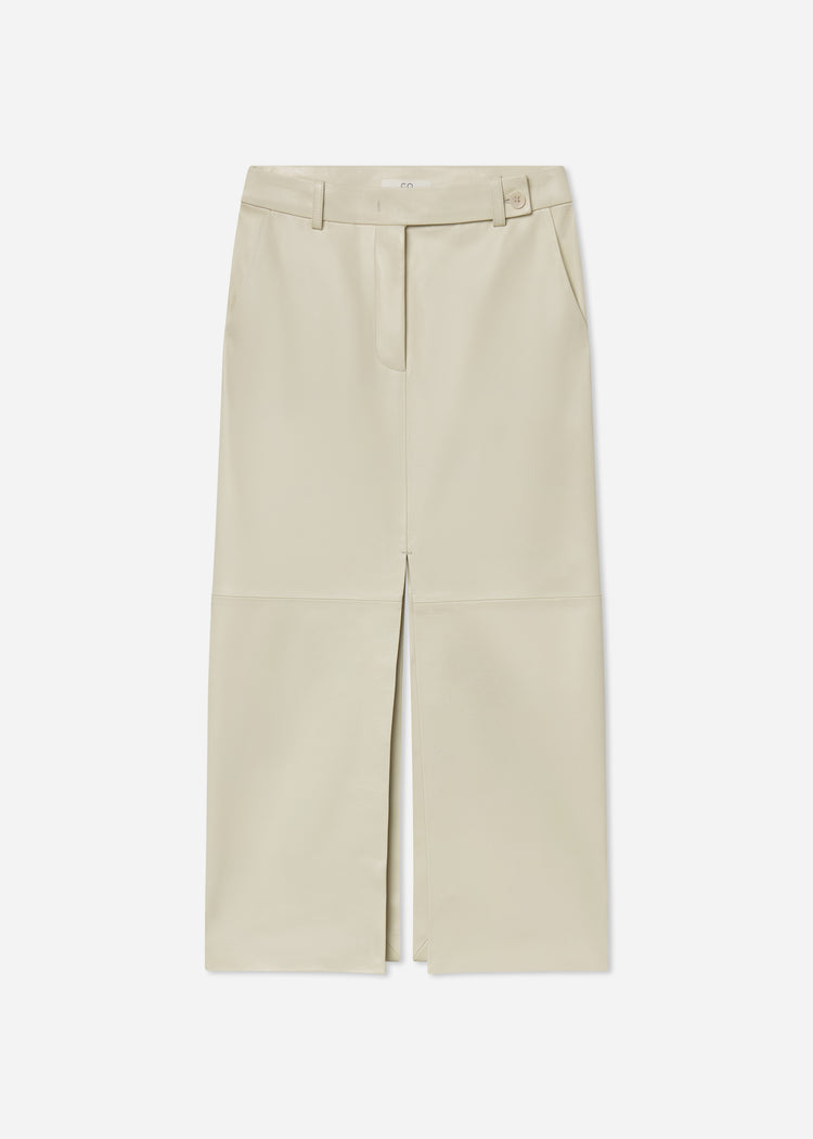 Tailored Front-Slit Midi Skirt in Leather - Pearl, image 6 of 6