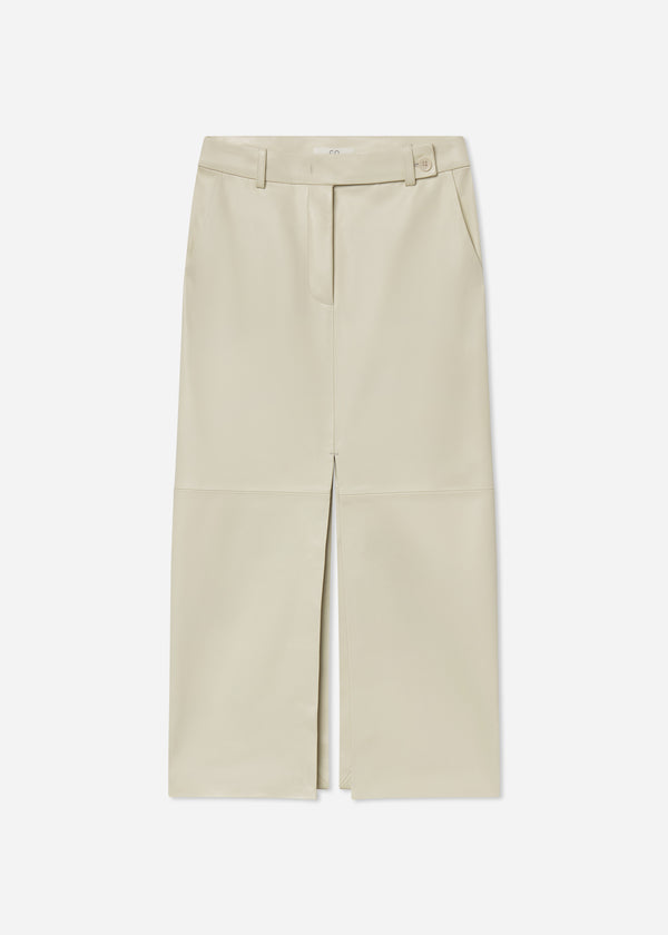 Tailored Front-Slit Midi Skirt in Leather - Pearl - CO