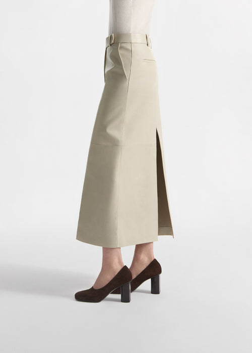 Tailored Front-Slit Midi Skirt in Leather - Pearl, image 4 of 6
