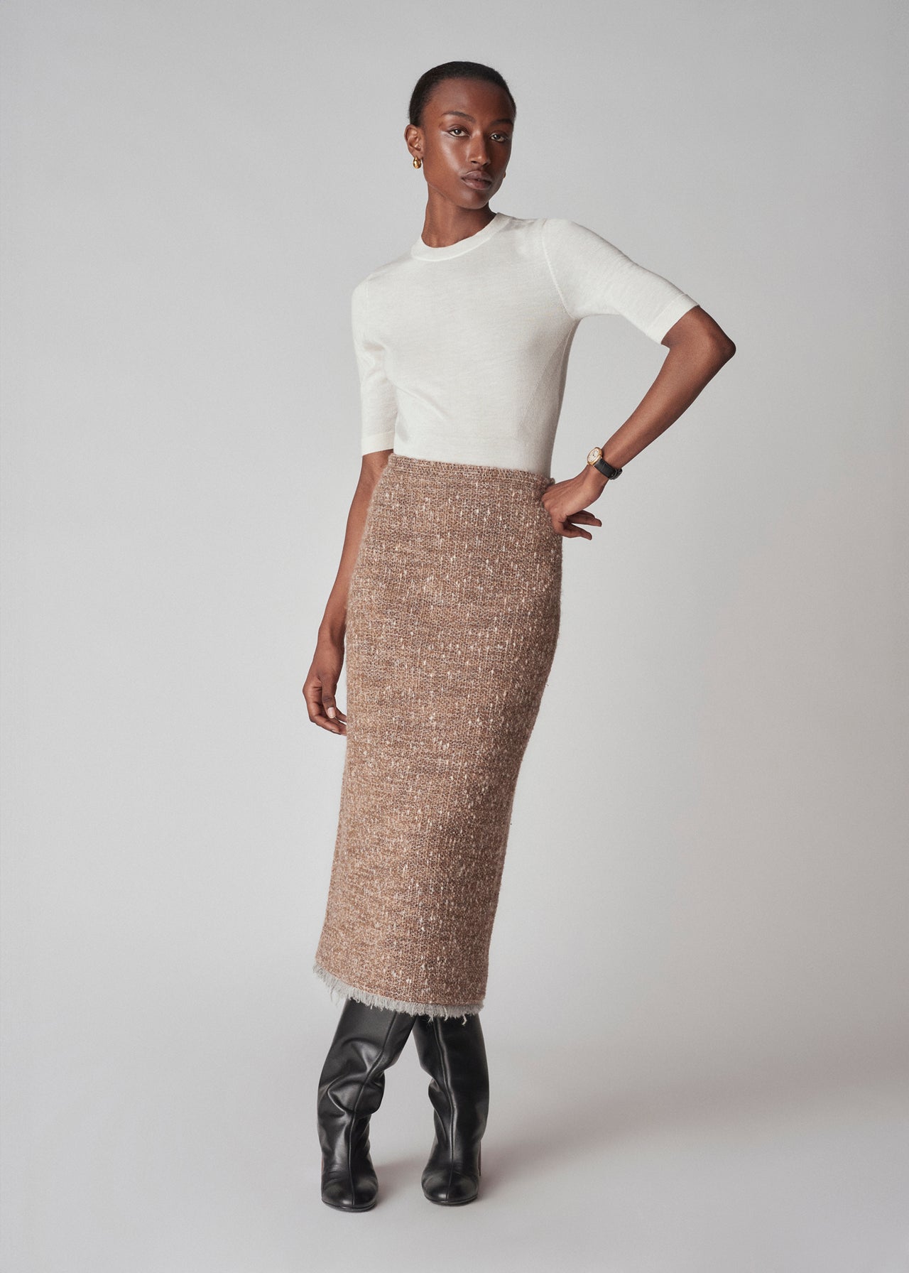 Midi Pencil Skirt in Boucle - Brown Multi