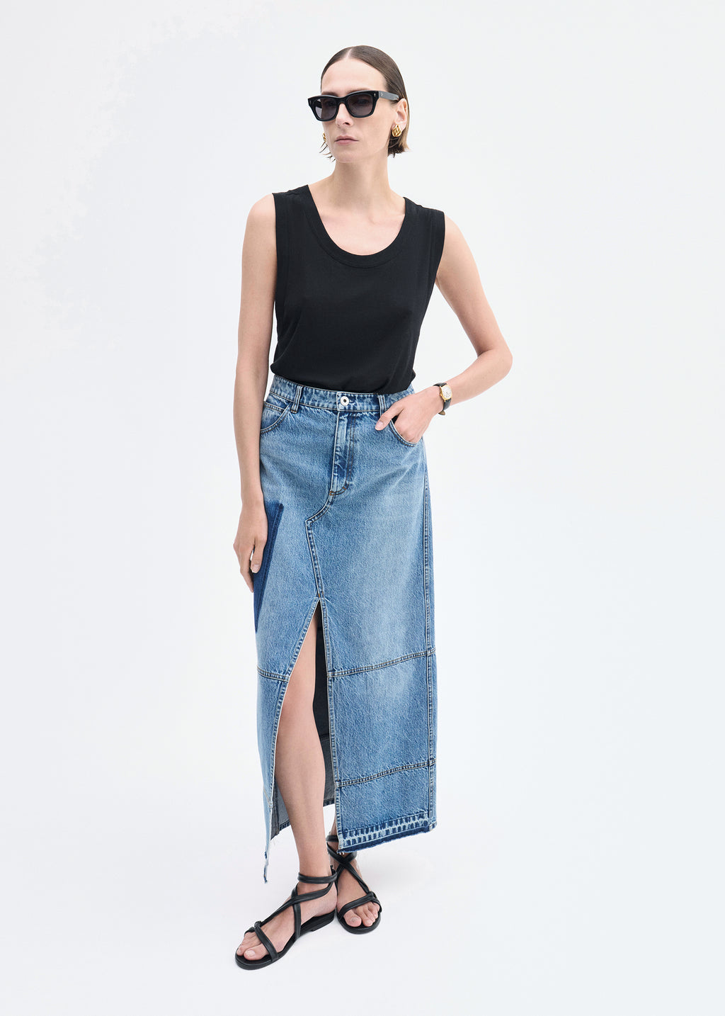 Patchwork Maxi Skirt in Denim - Indigo - CO