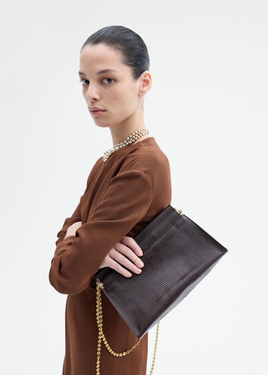 Small Leather Clutch with Chain - Espresso - CO