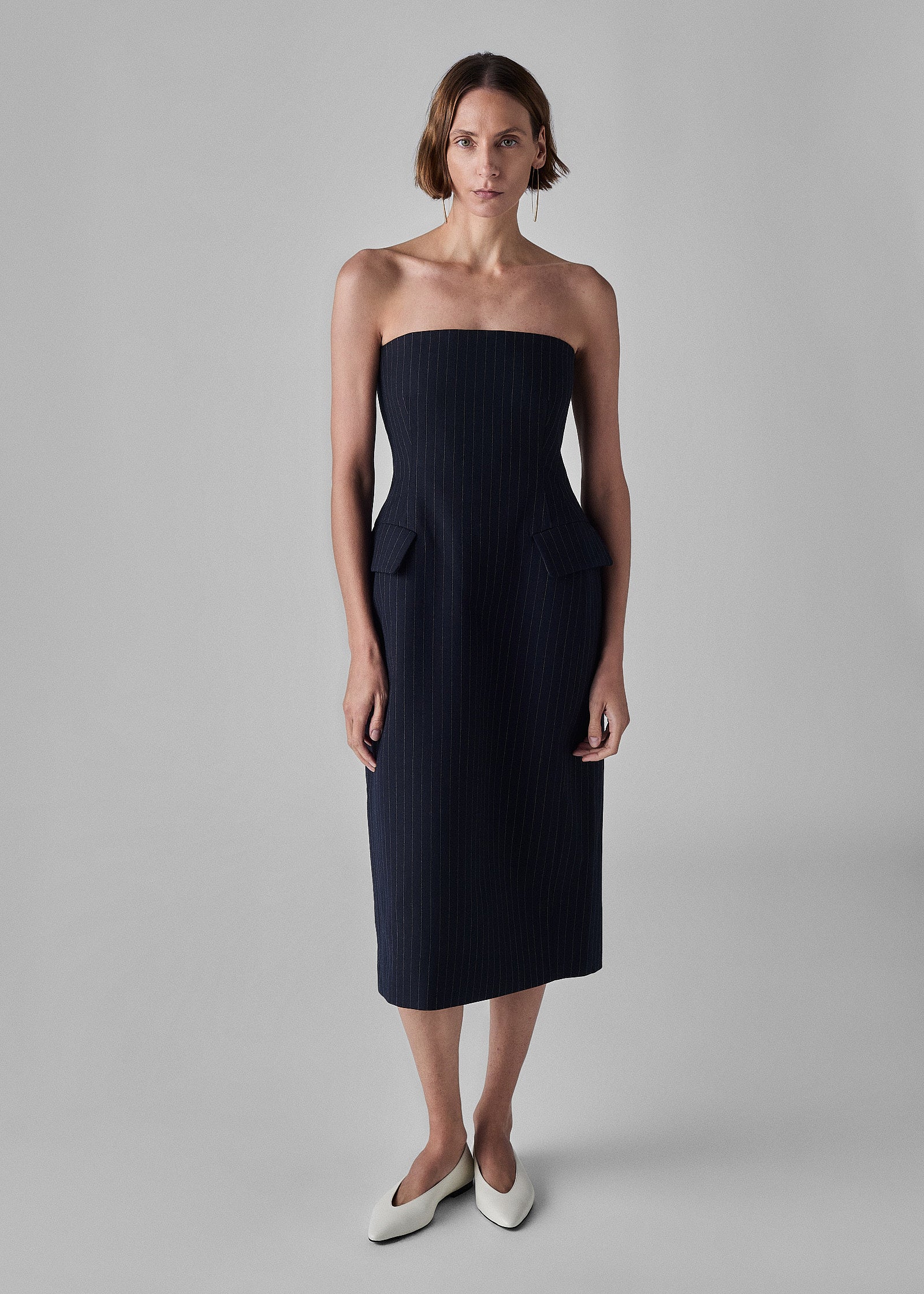 Tailored Bustier Dress in Virgin Wool - Navy Stripe - CO