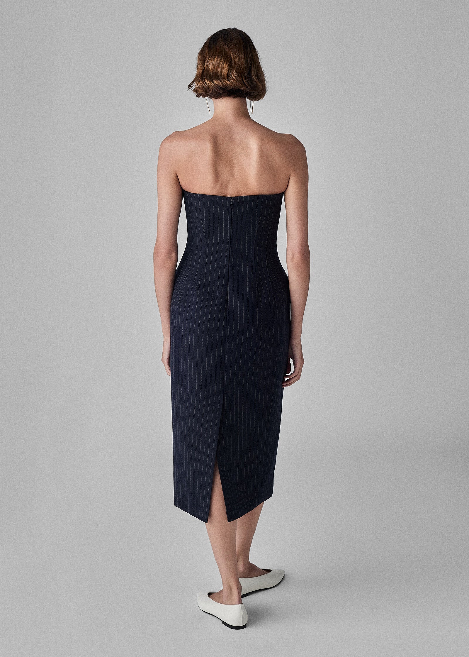 Tailored Bustier Dress in Virgin Wool - Navy Stripe