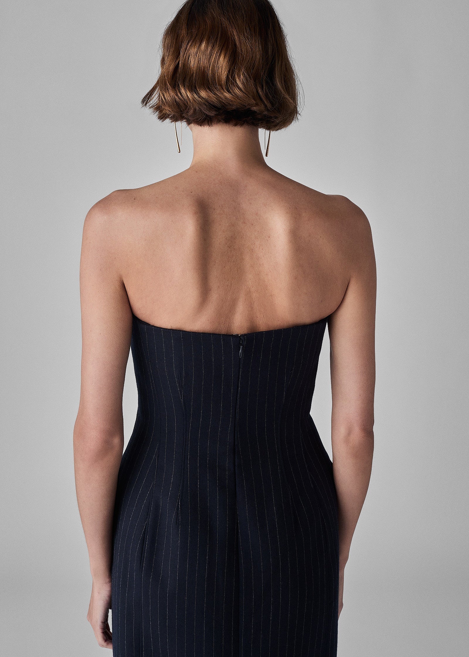 Tailored Bustier Dress in Virgin Wool - Navy Stripe