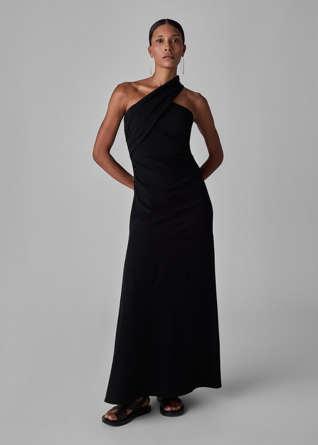 One Shoulder Twist Dress in Stretch Wool - Black - CO