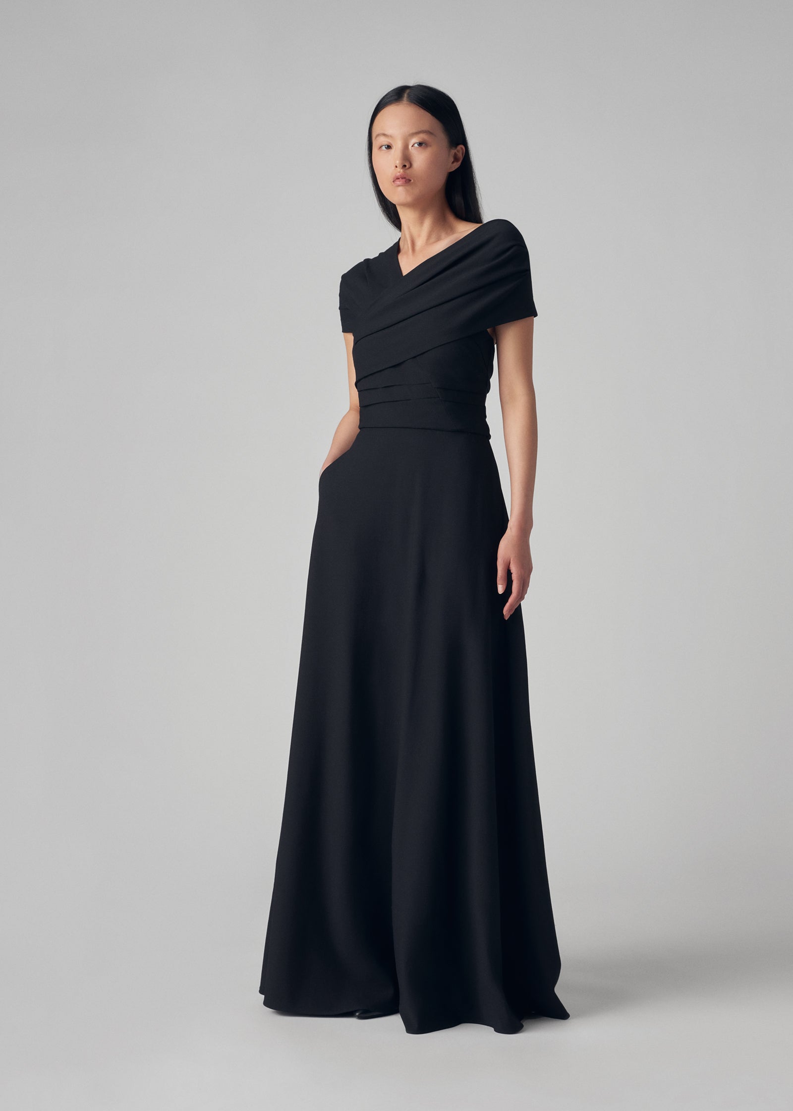Long Grecian Dress in Stretch Crepe - Black - CO Collections