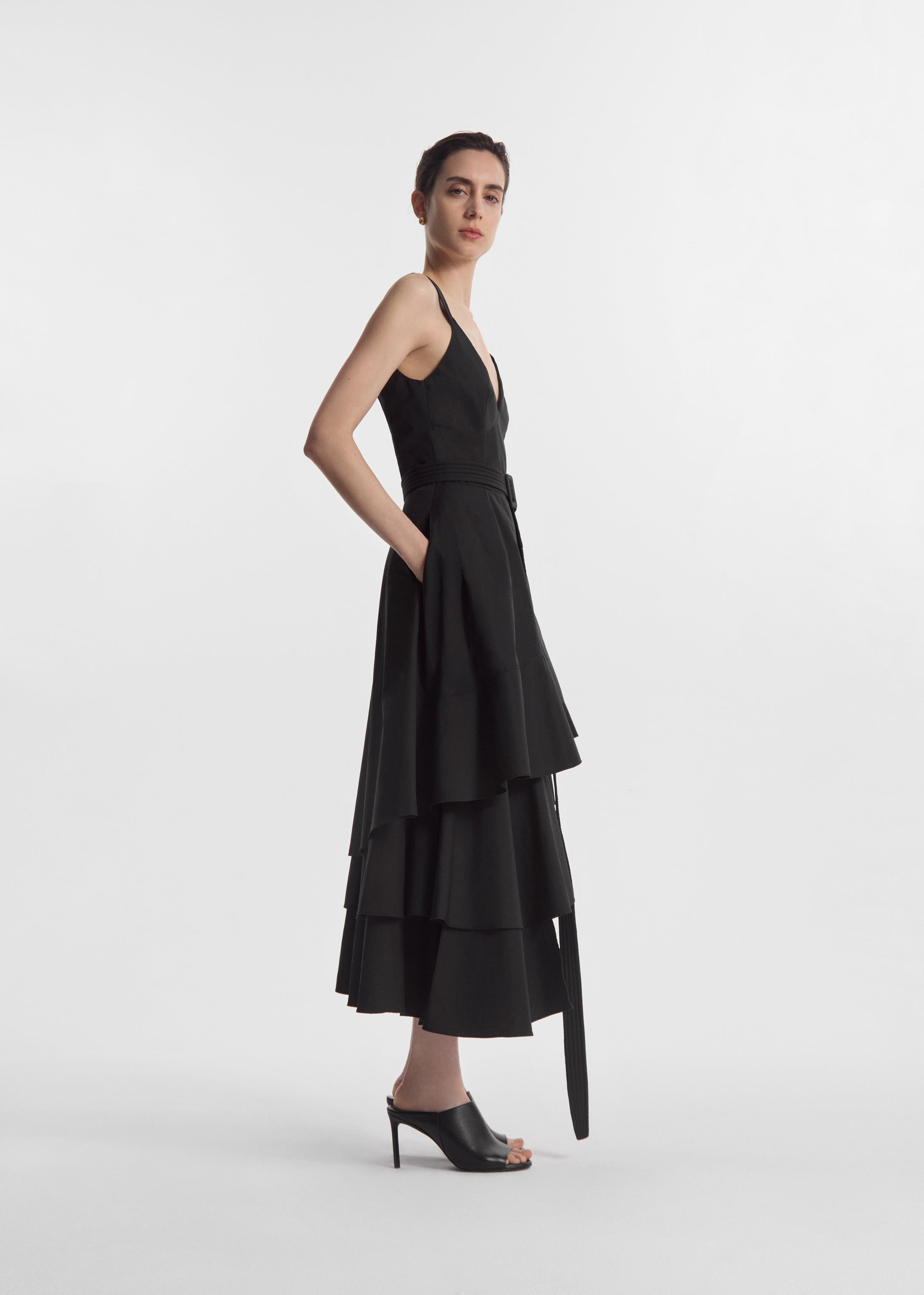 Asymmetric Layered Tank Dress in Cotton Poplin - Black
