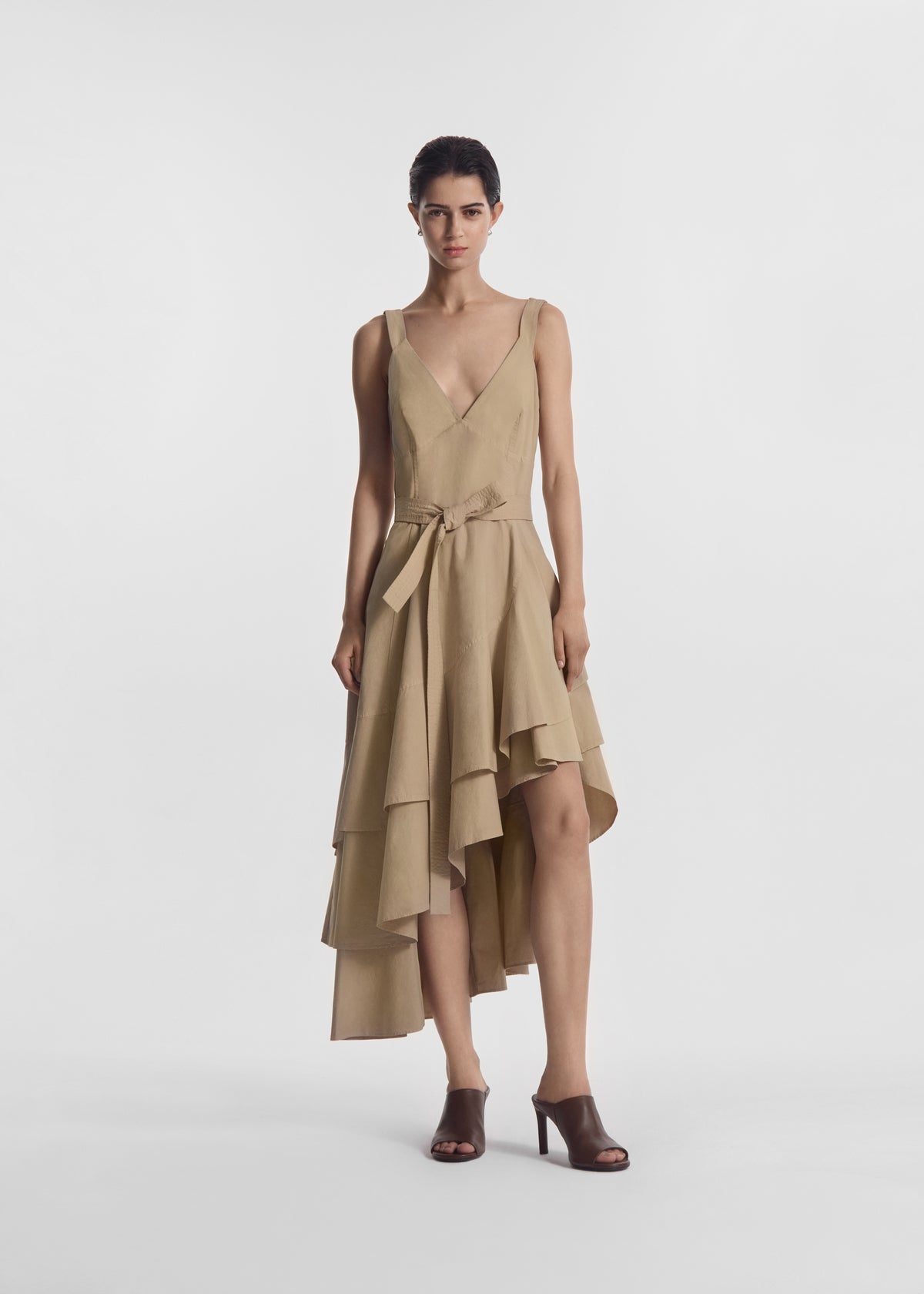 Asymmetric Layered Tank Dress in Garment-Dyed Cotton - Khaki, image 1 of 5