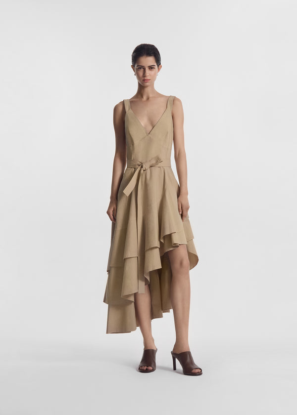 Asymmetric Layered Tank Dress in Garment-Dyed Cotton - Khaki - CO