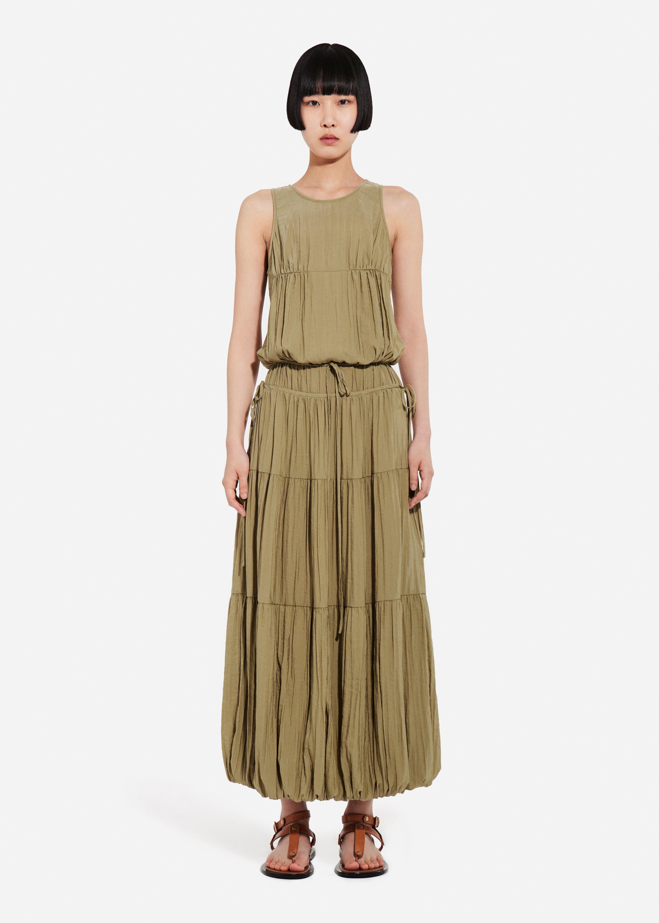 Drawstring Pleat Dress in Wrinkled Nylon - Aloe