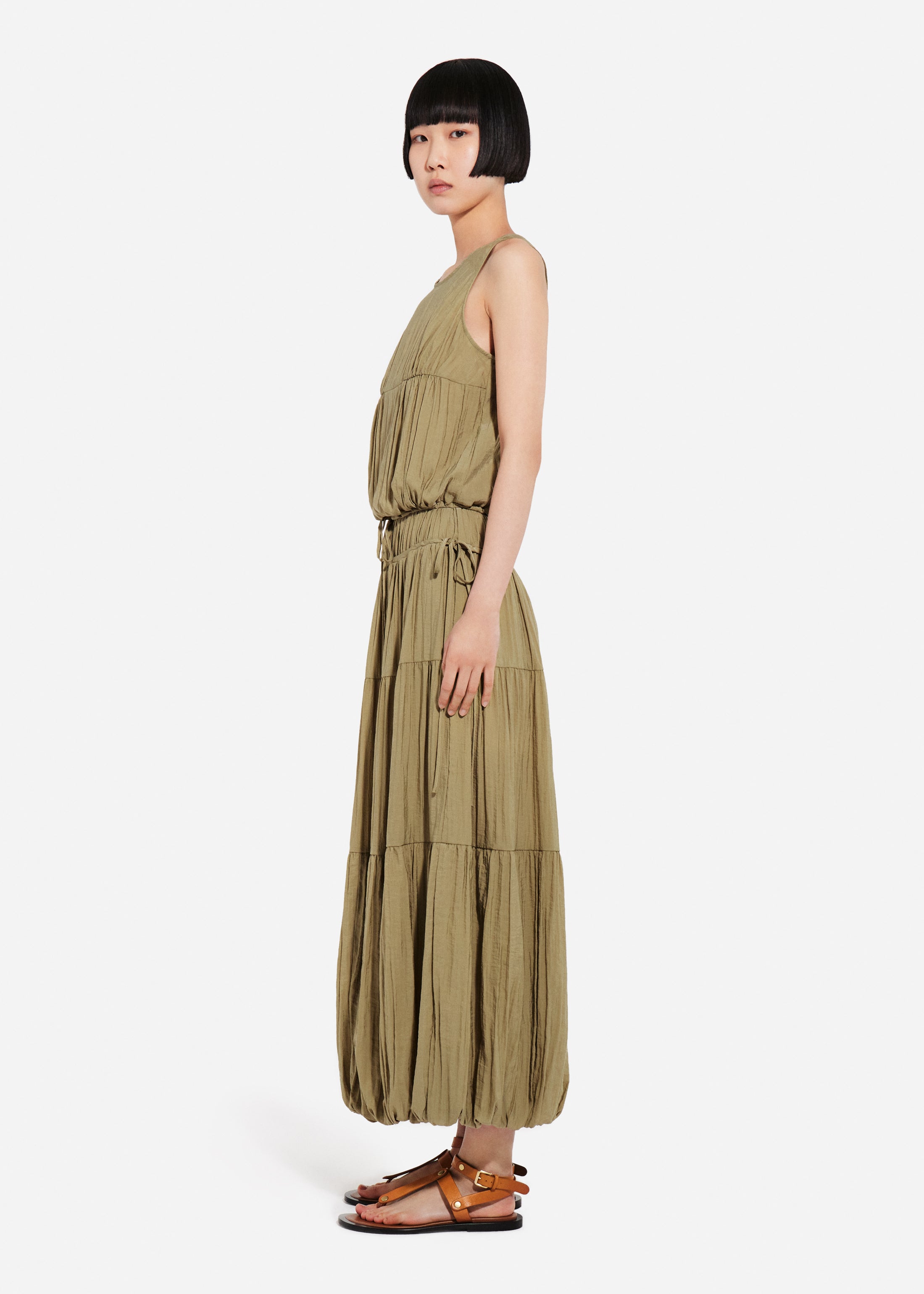 Drawstring Pleat Dress in Wrinkled Nylon - Aloe