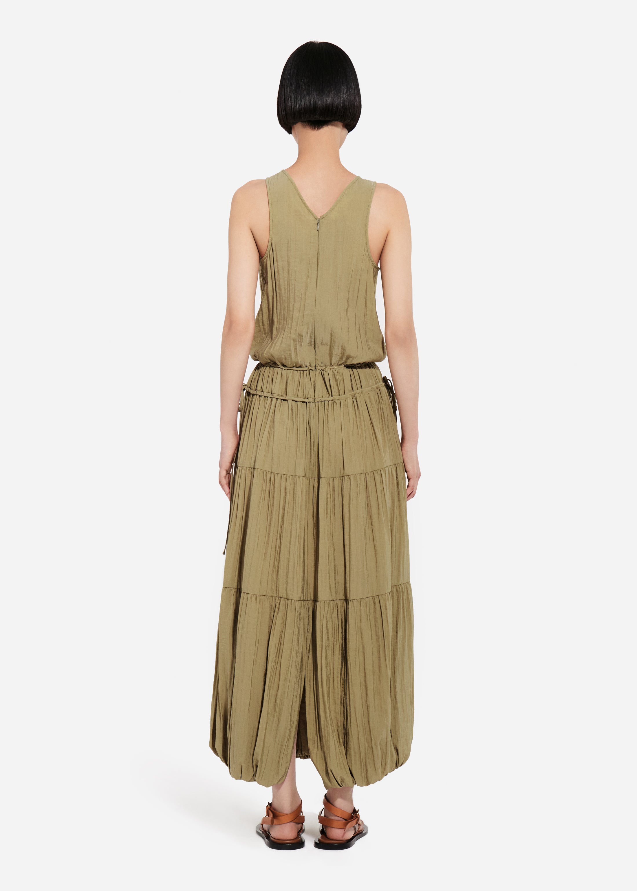 Drawstring Pleat Dress in Wrinkled Nylon - Aloe