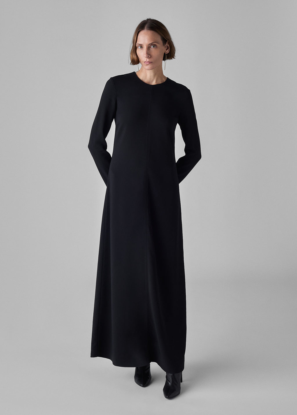 Long Sleeve Column Dress in Viscose Crepe - Black - CO