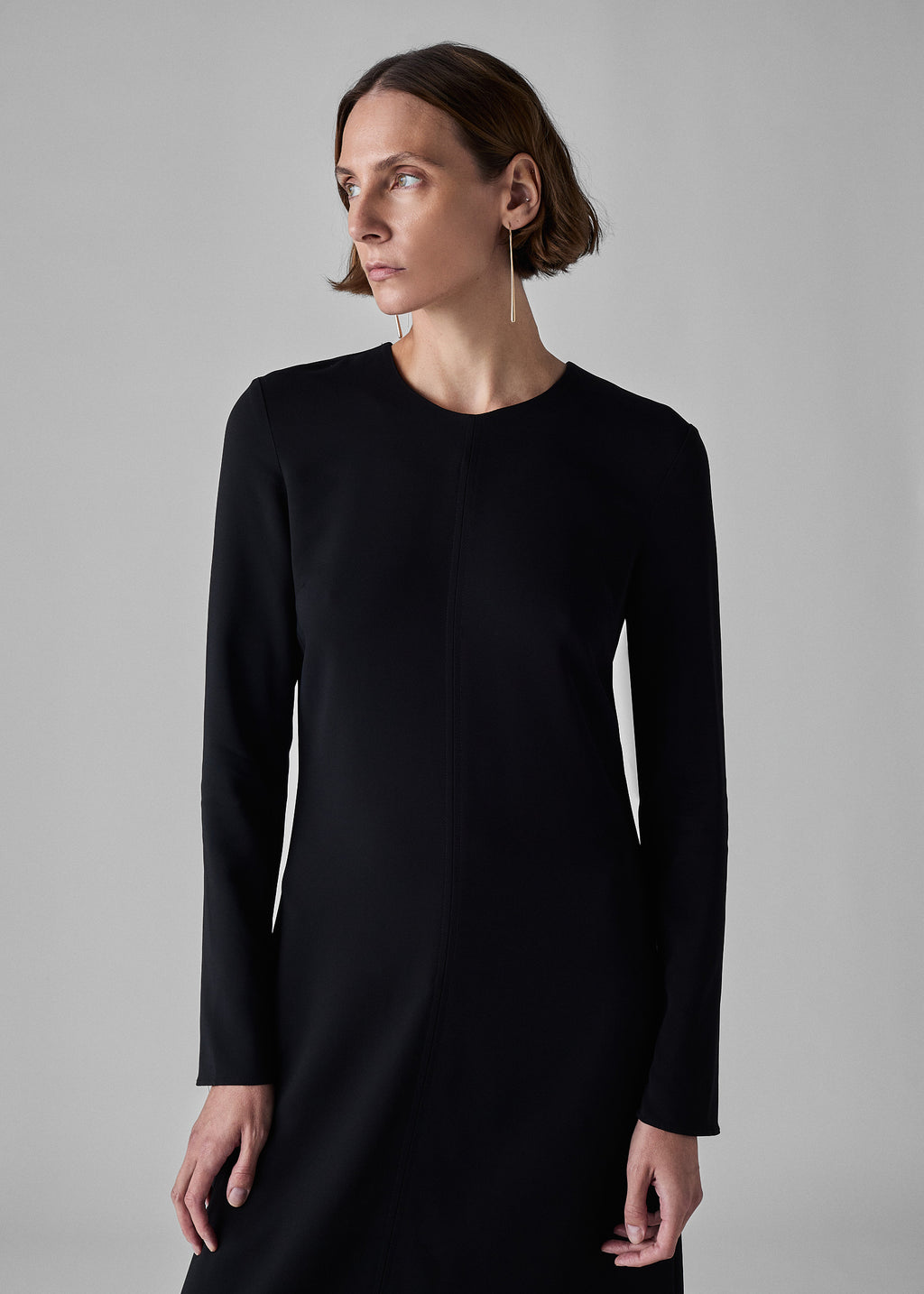 Long Sleeve Column Dress in Viscose Crepe - Black - CO