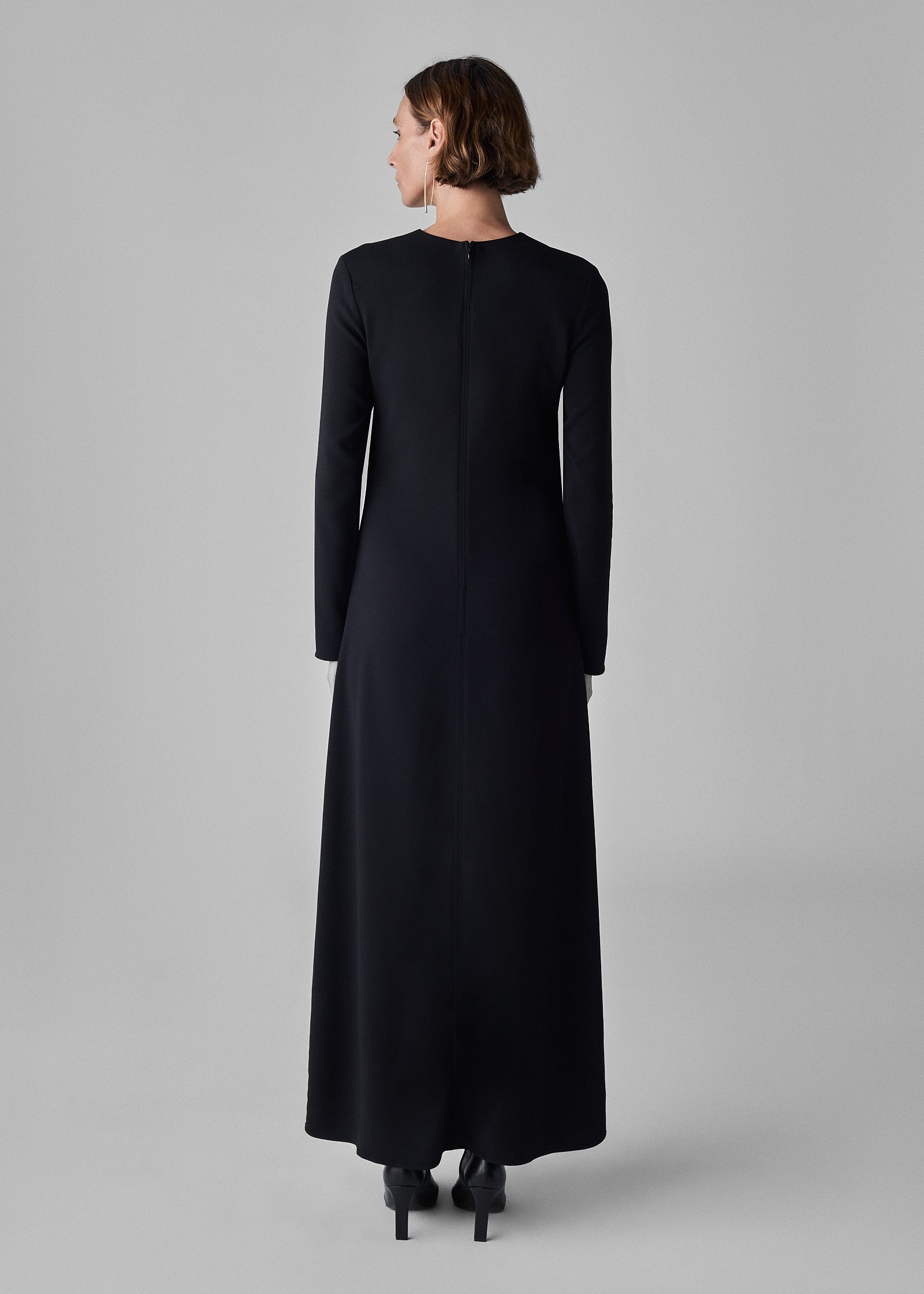 Long Sleeve Column Dress in Viscose Crepe - Black