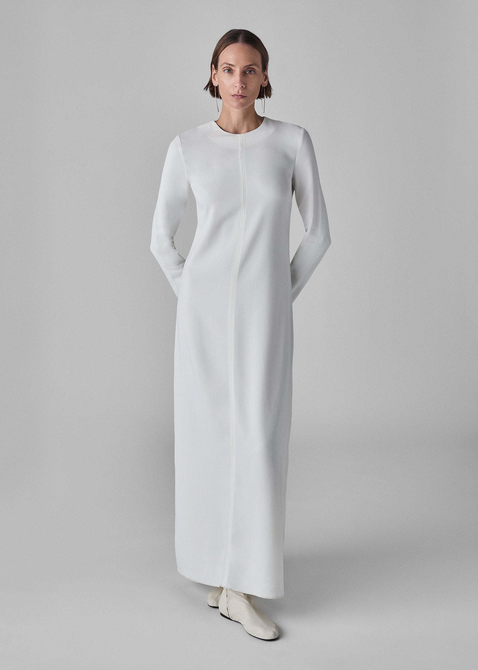 Long Sleeve Column Dress in Viscose Crepe - Ivory