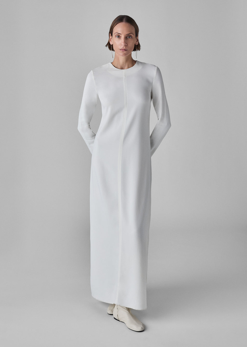 Long Sleeve Column Dress in Viscose Crepe - Ivory - CO