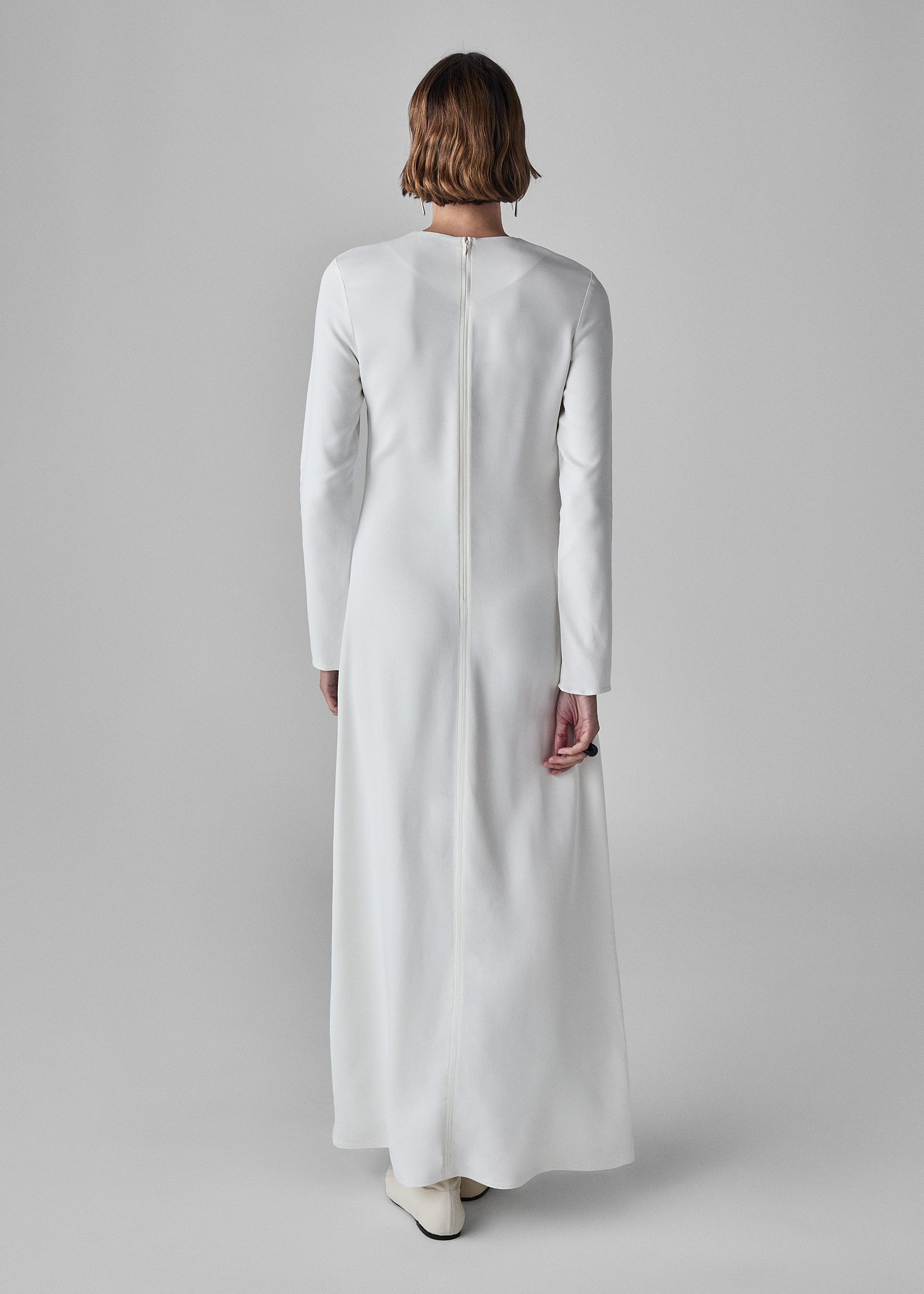 Long Sleeve Column Dress in Viscose Crepe - Ivory