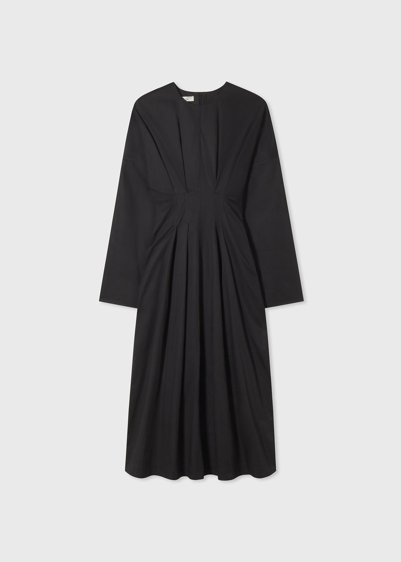 Long Sleeve Cinched Cotton Midi Dress - Black - CO