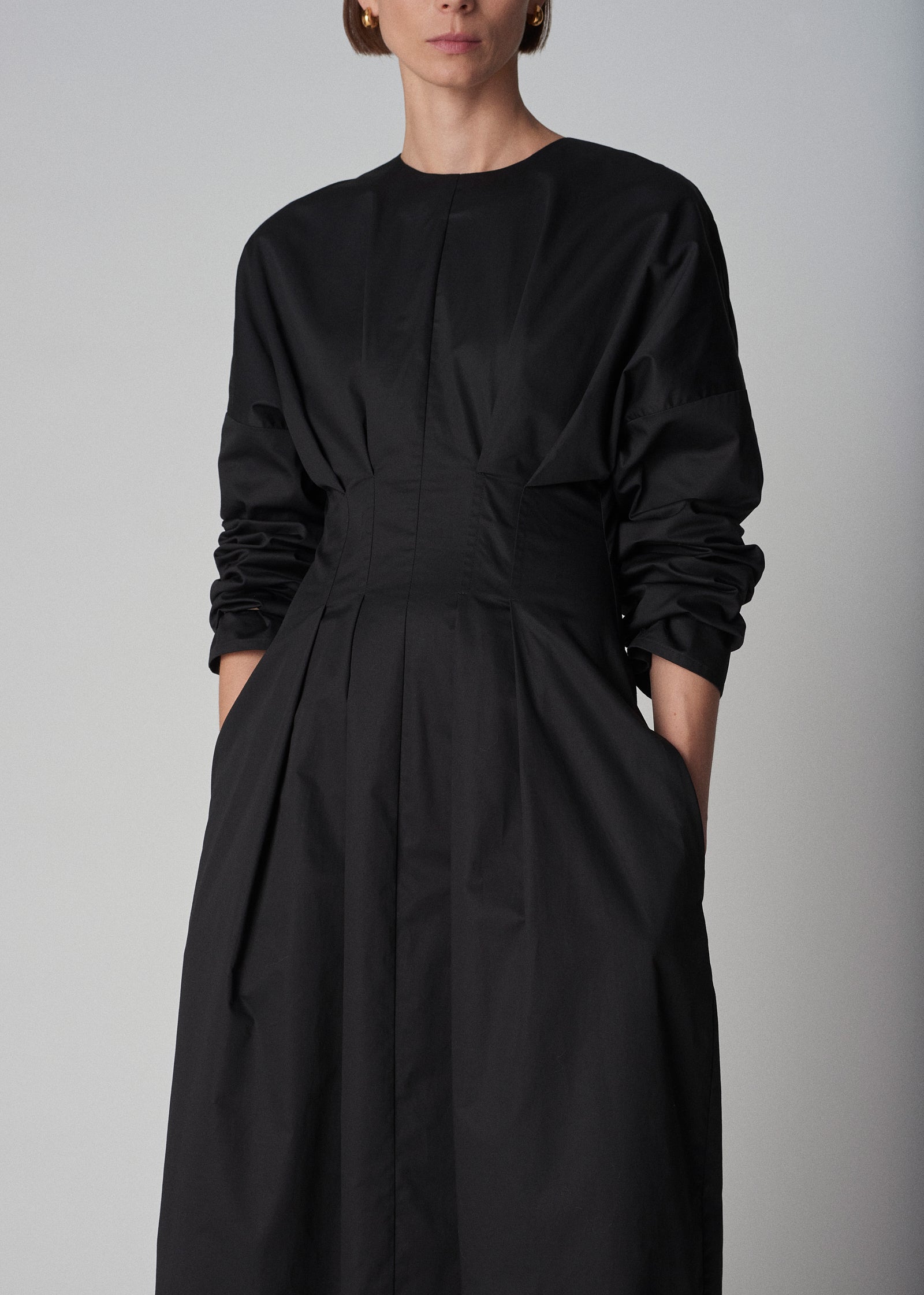Long Sleeve Cinched Cotton Midi Dress - Black - CO Collections