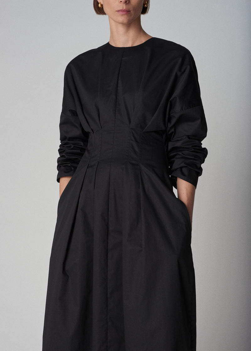 Long Sleeve Cinched Cotton Midi Dress - Black - CO