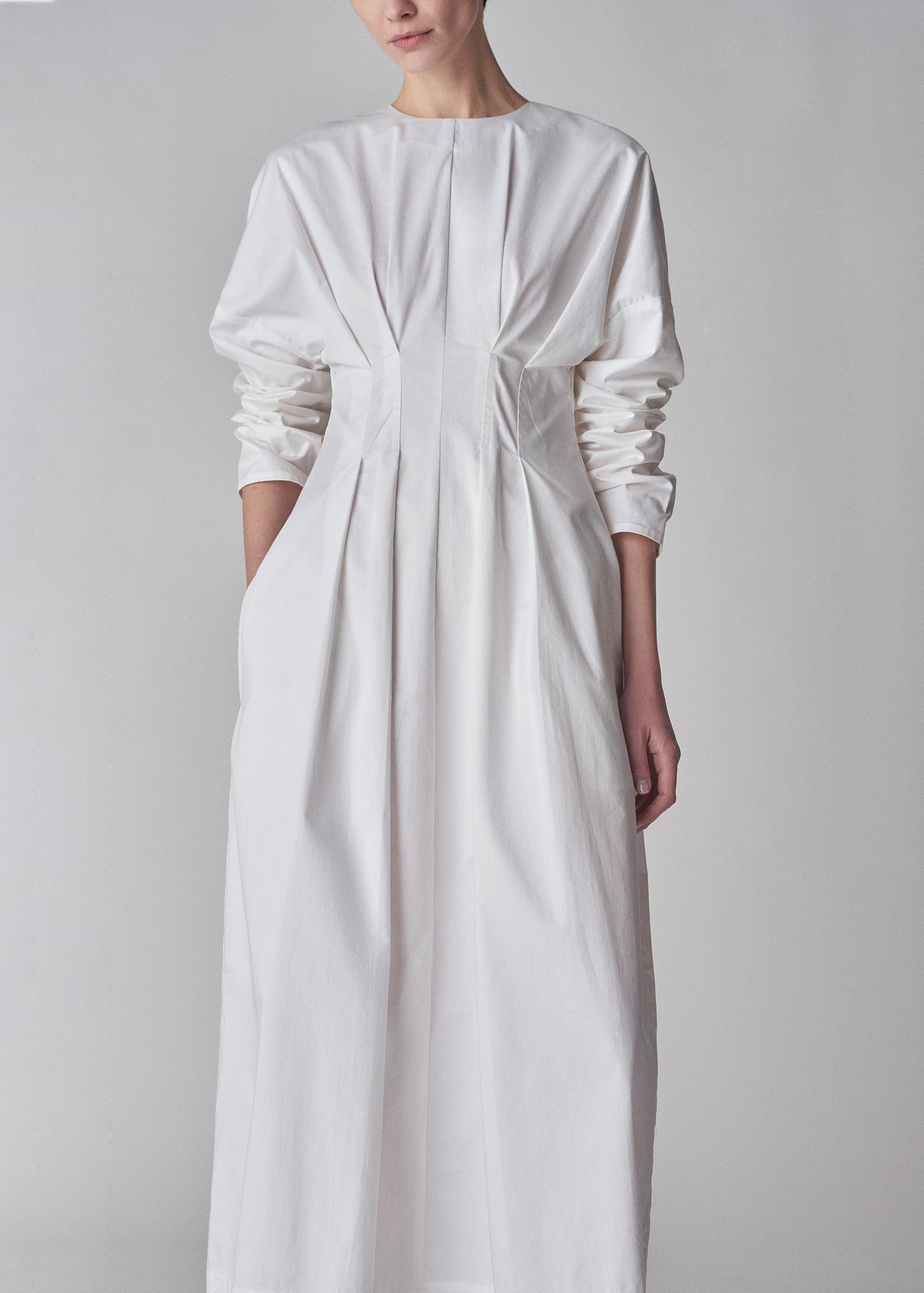 Long Sleeve Cinched Cotton Dress - White - CO Collections