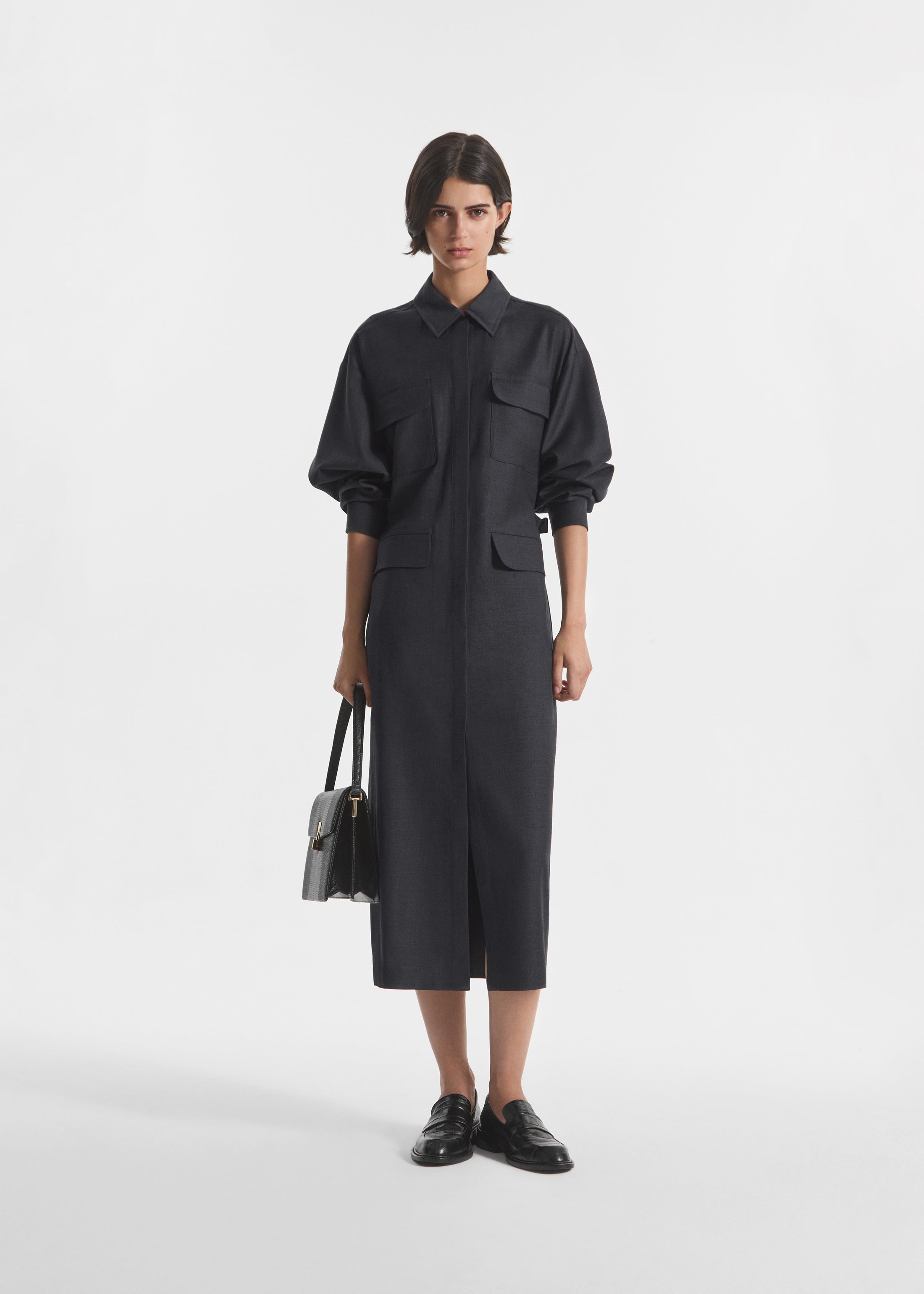 Workwear Shirt Dress in Wool - Grey