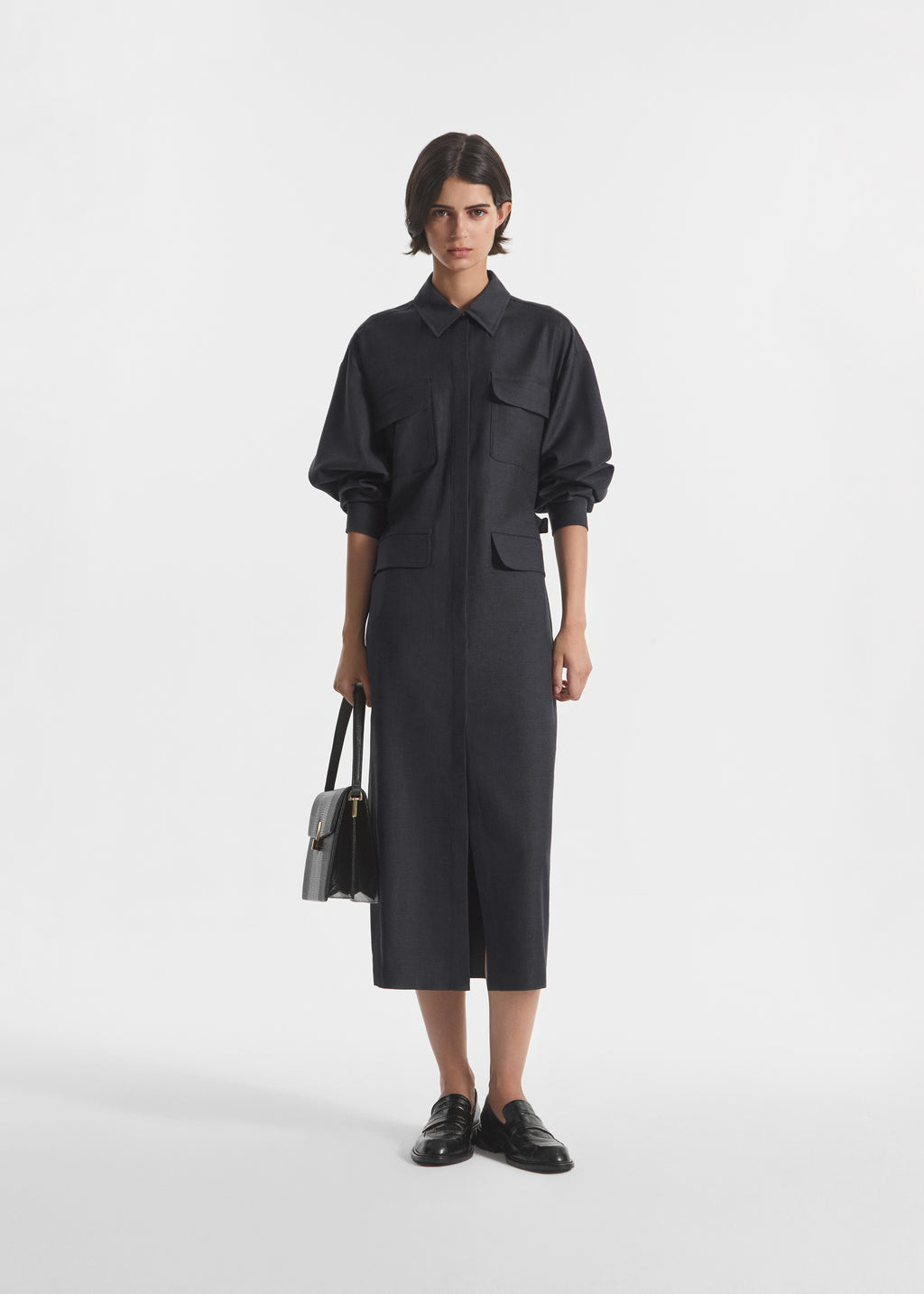 Workwear Shirt Dress in Wool - Grey - CO