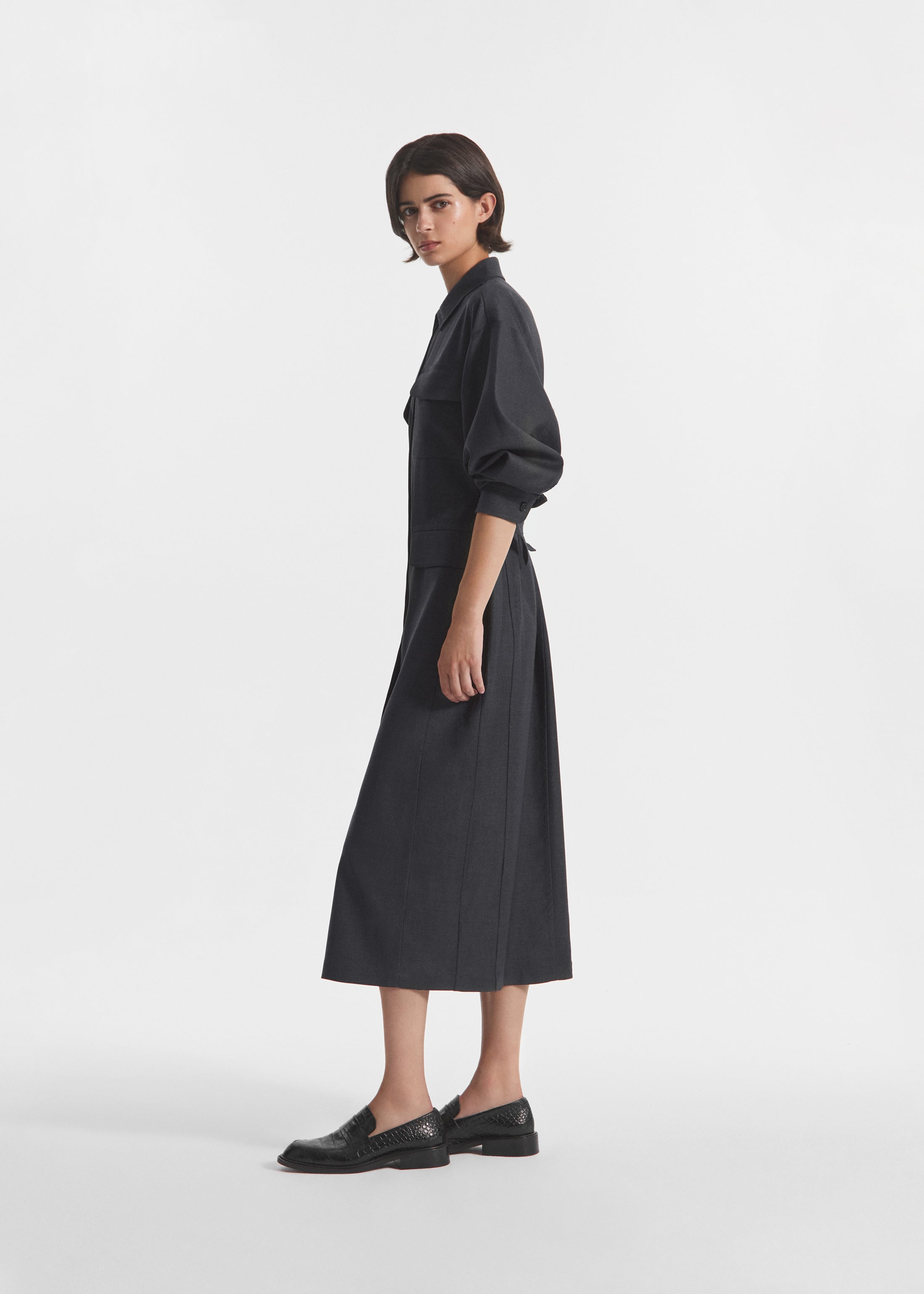 Workwear Shirt Dress in Wool - Grey