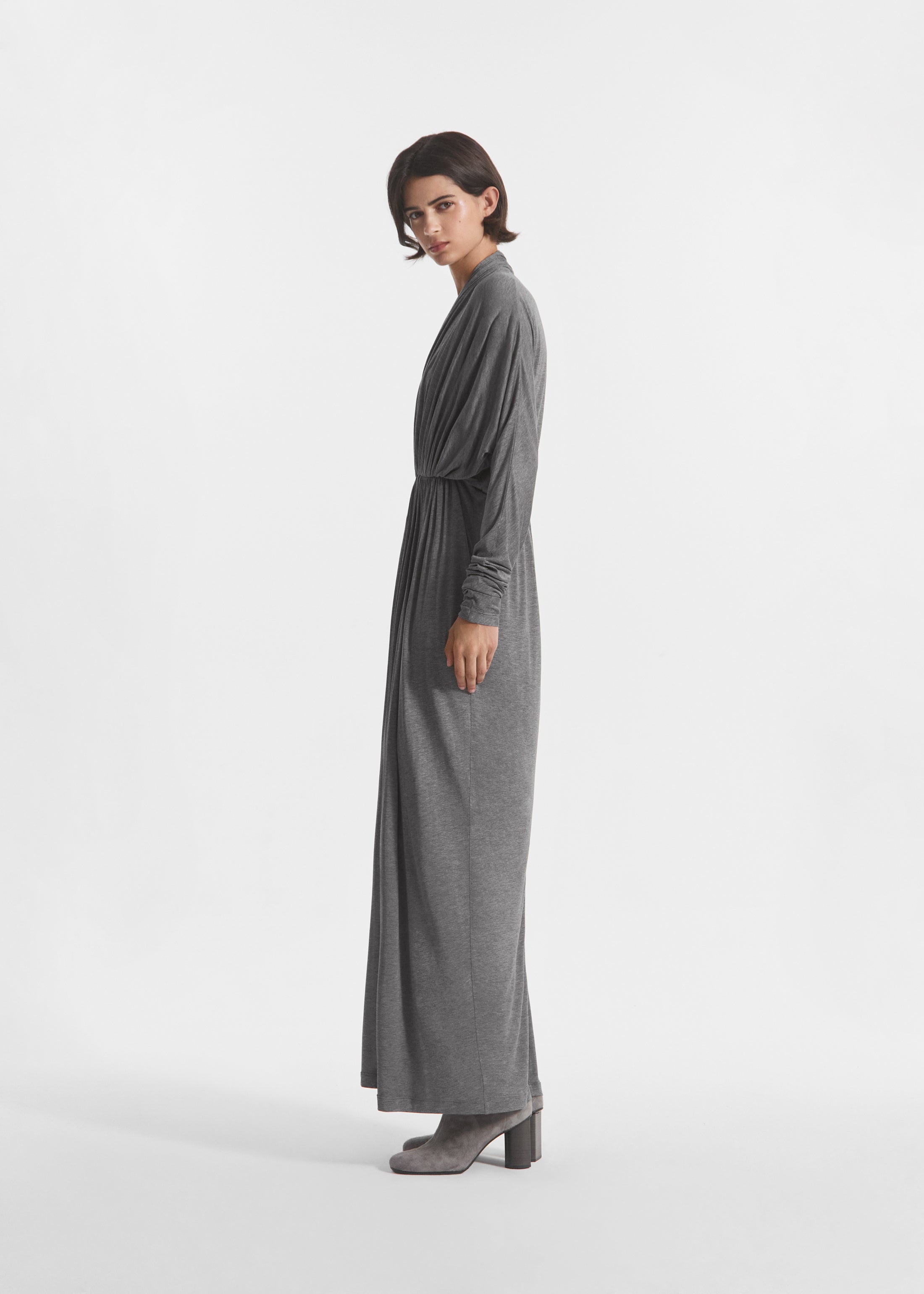 Gathered Dress in Silk Jersey - Grey, image 2 of 5