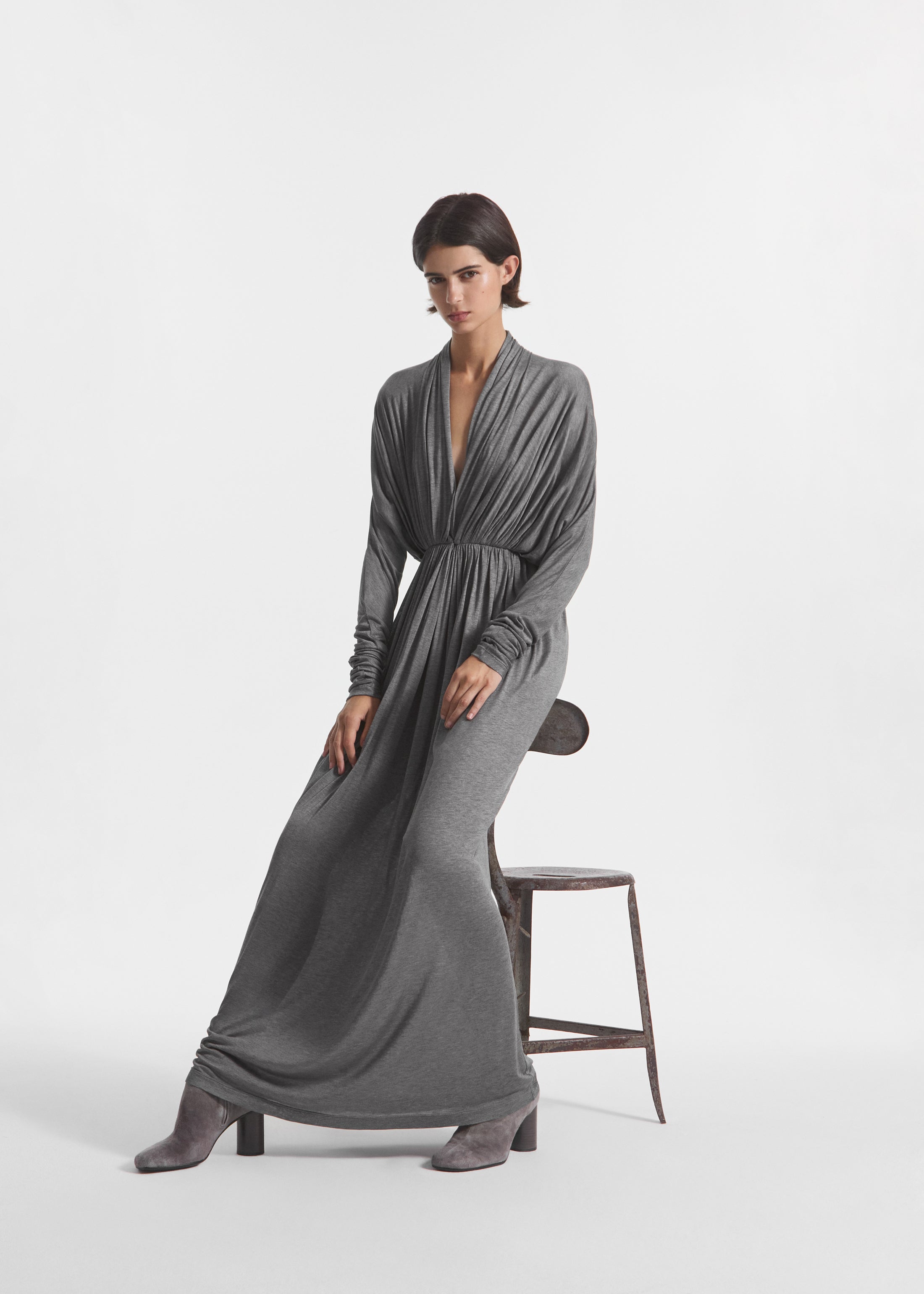 Gathered Dress in Silk Jersey - Grey, image 1 of 5