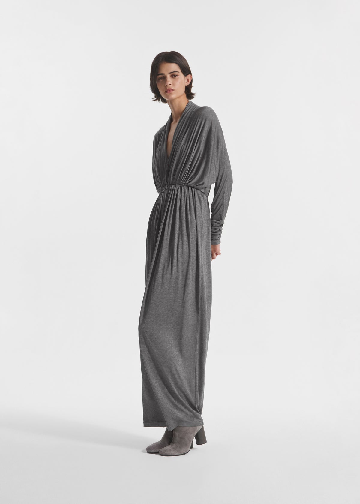 Gathered Dress in Silk Jersey - Grey, image 3 of 5