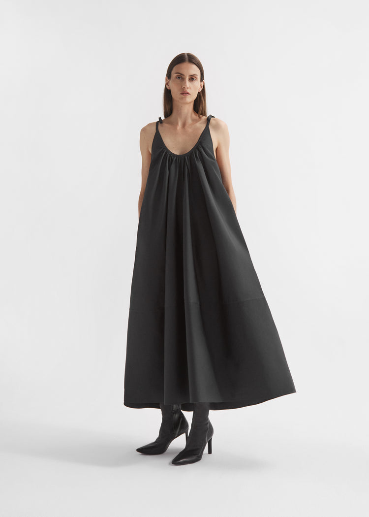 Gathered Halter Dress in Cotton Poplin - Black, image 2 of 5