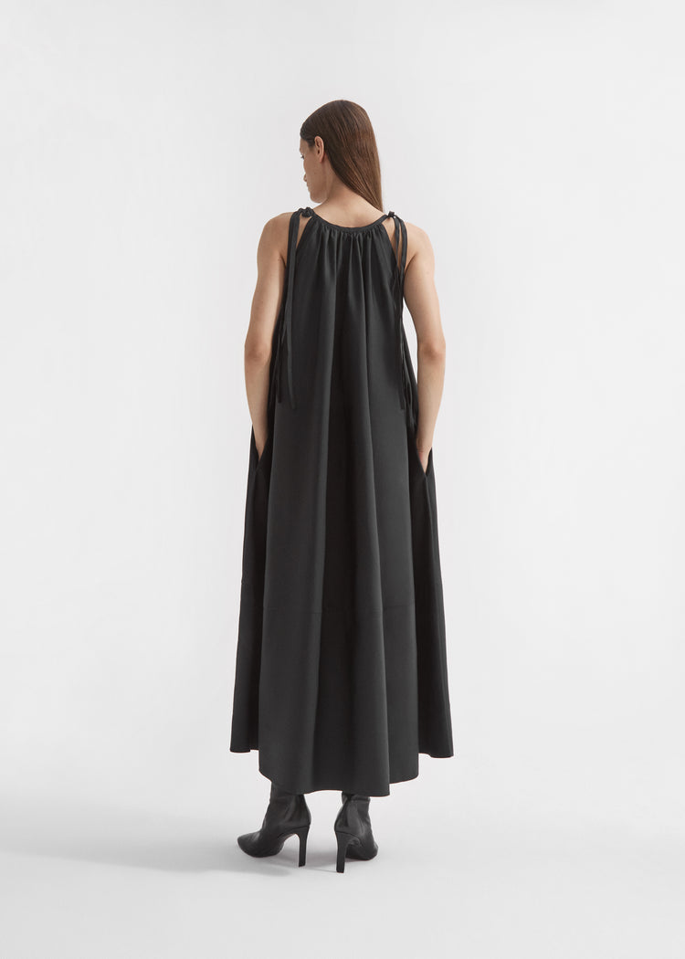 Gathered Halter Dress in Cotton Poplin - Black, image 3 of 5