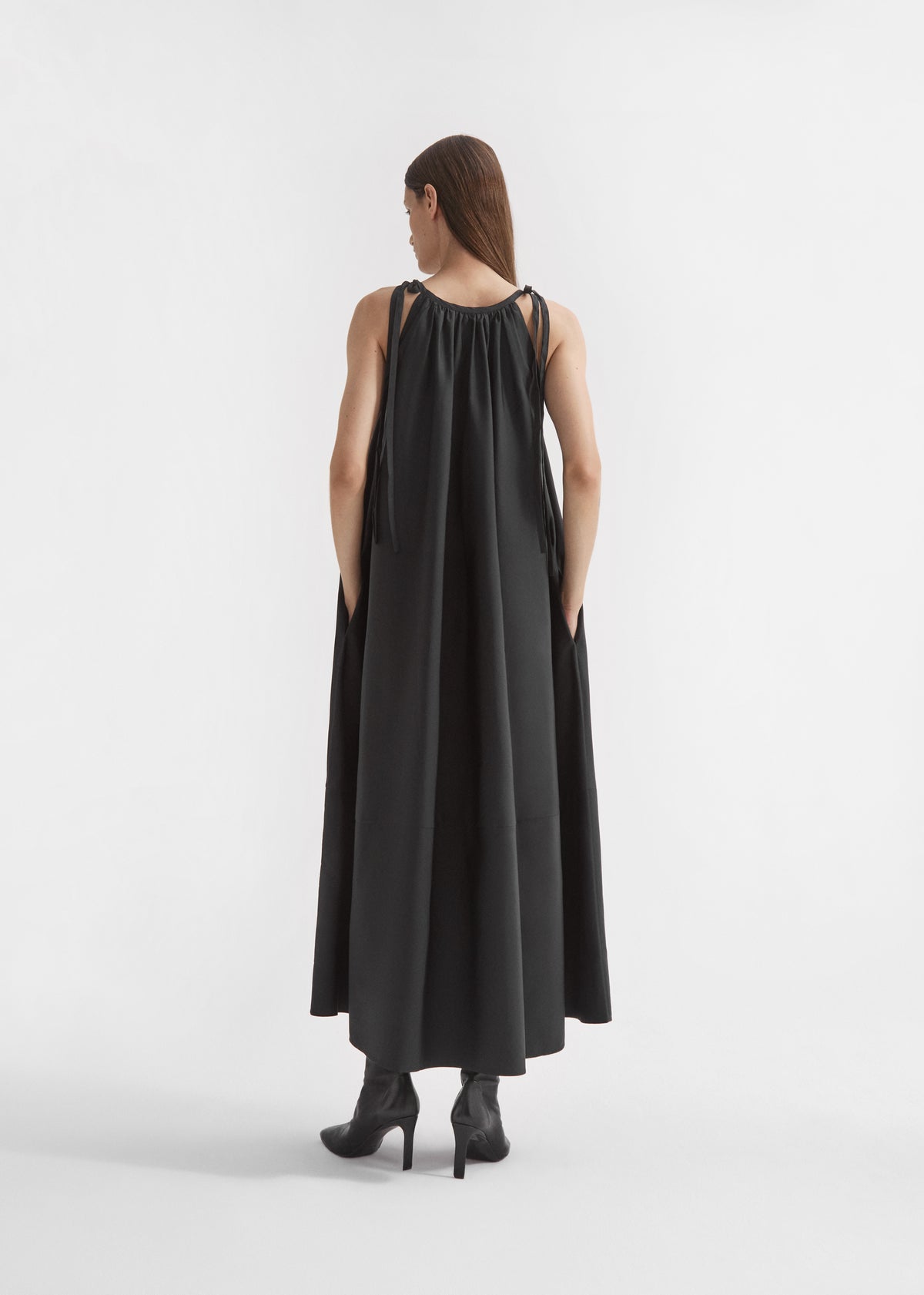 Gathered Halter Dress in Cotton Poplin - Black, image 3 of 5