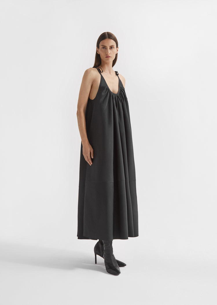 Gathered Halter Dress in Cotton Poplin - Black, image 4 of 5