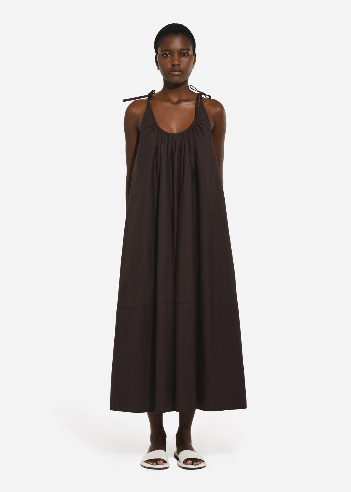 Gathered Halter Dress in Cotton Poplin - Chocolate, image 1 of 4