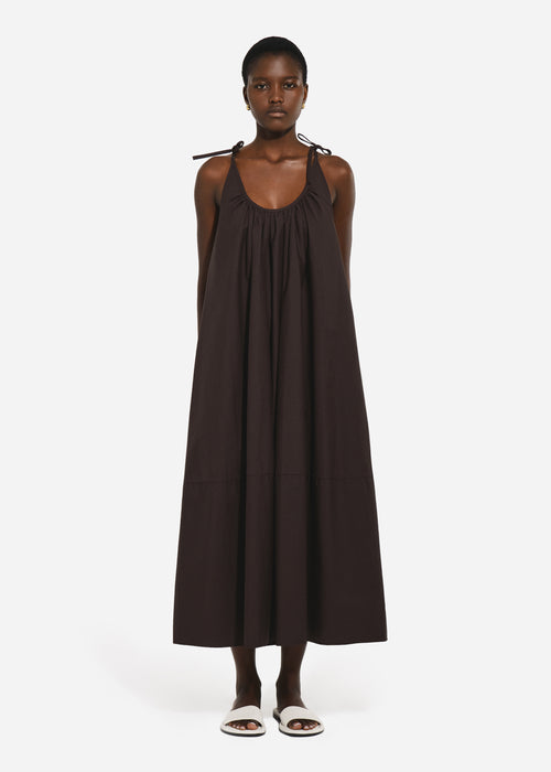 Gathered Halter Dress in Cotton Poplin - Chocolate - CO