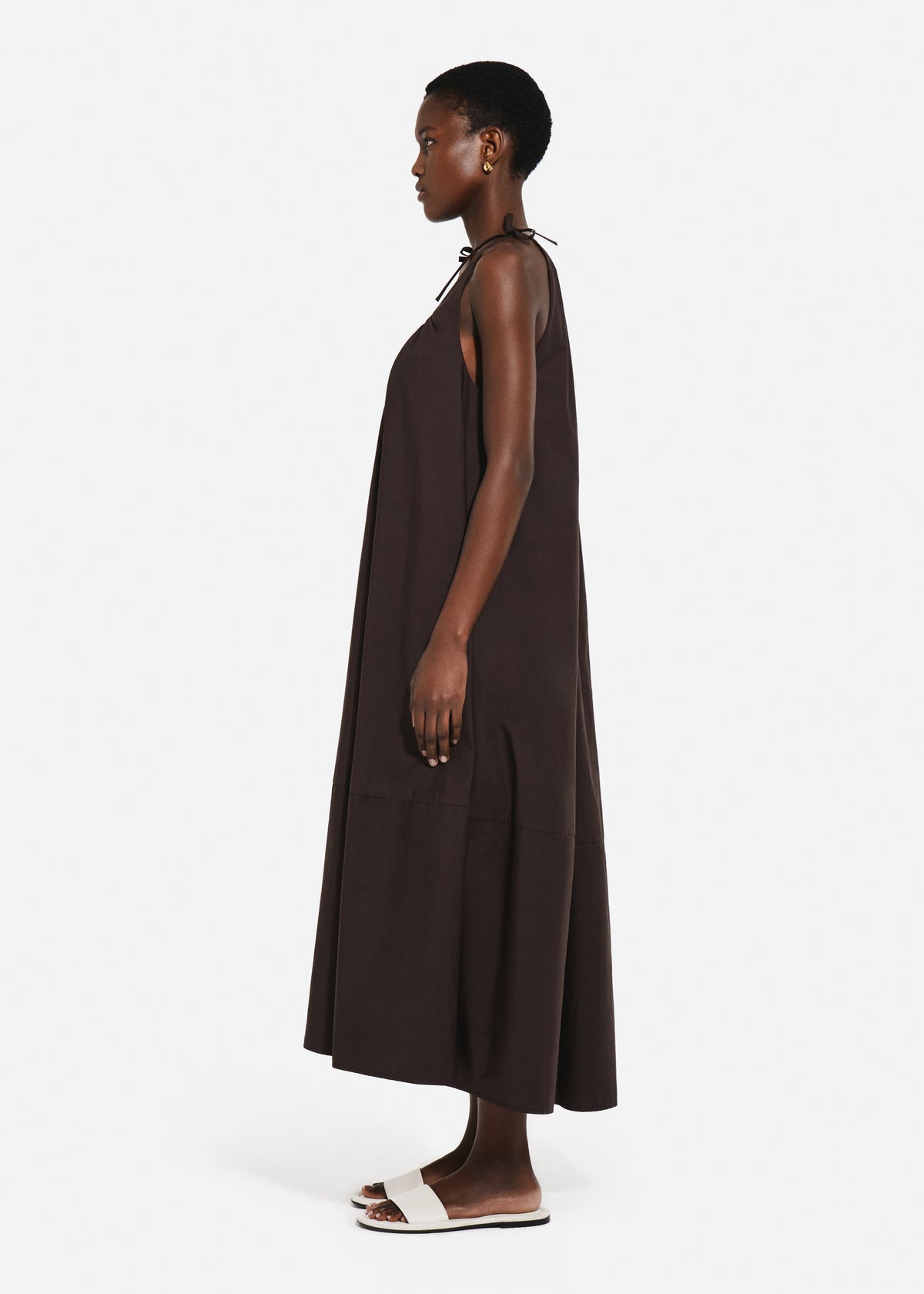 Gathered Halter Dress in Cotton Poplin - Chocolate, image 2 of 4