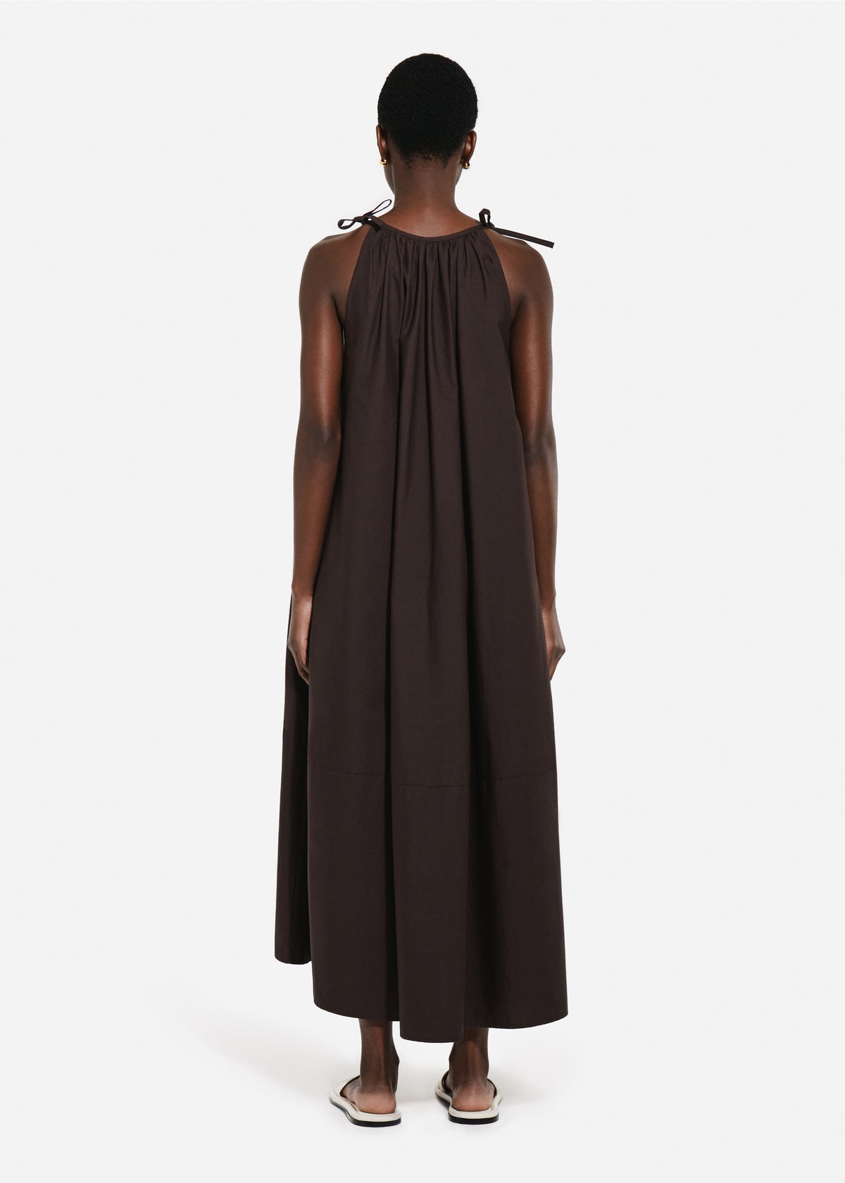 Gathered Halter Dress in Cotton Poplin - Chocolate, image 3 of 4