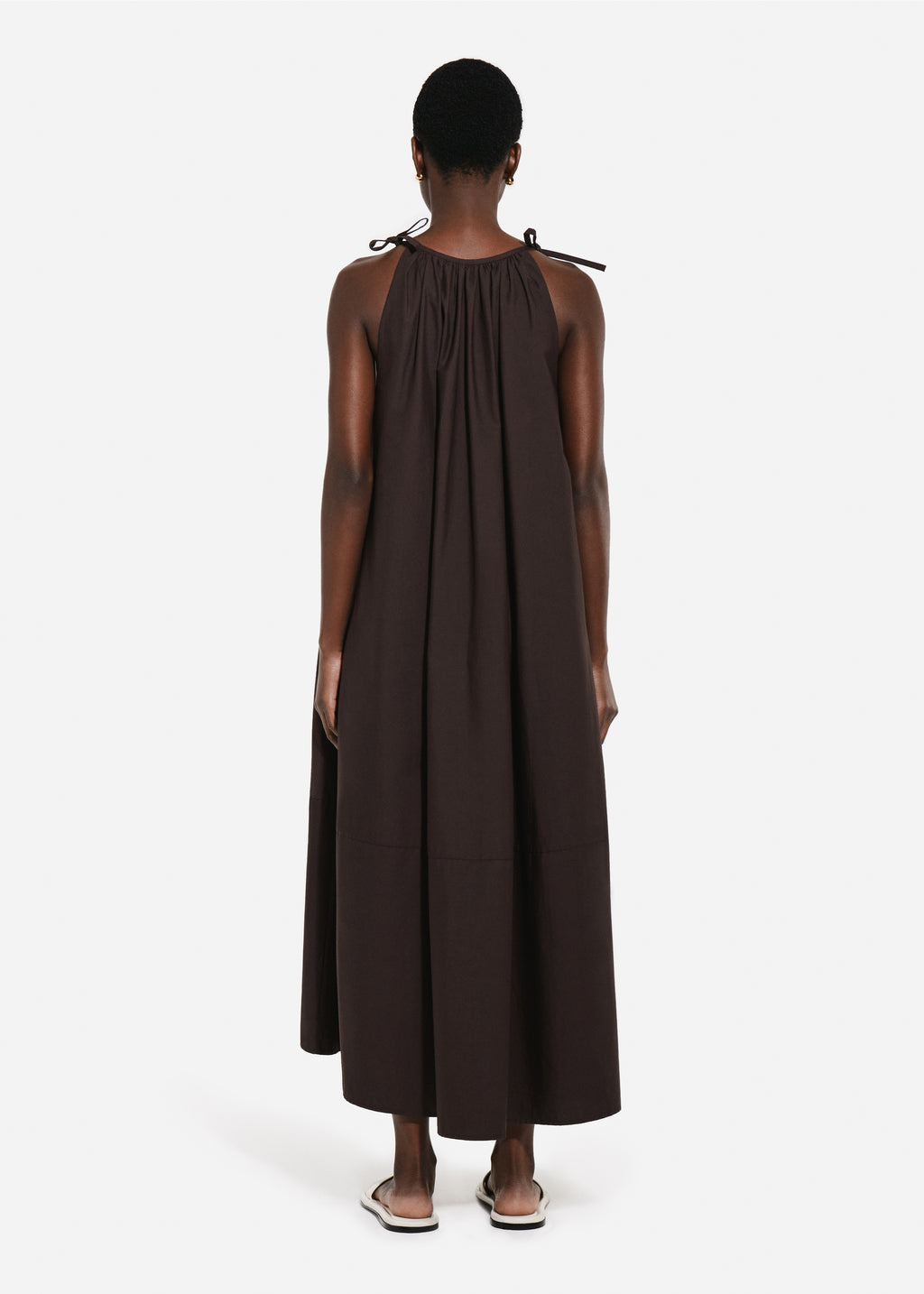 Gathered Halter Dress in Cotton Poplin - Chocolate - CO